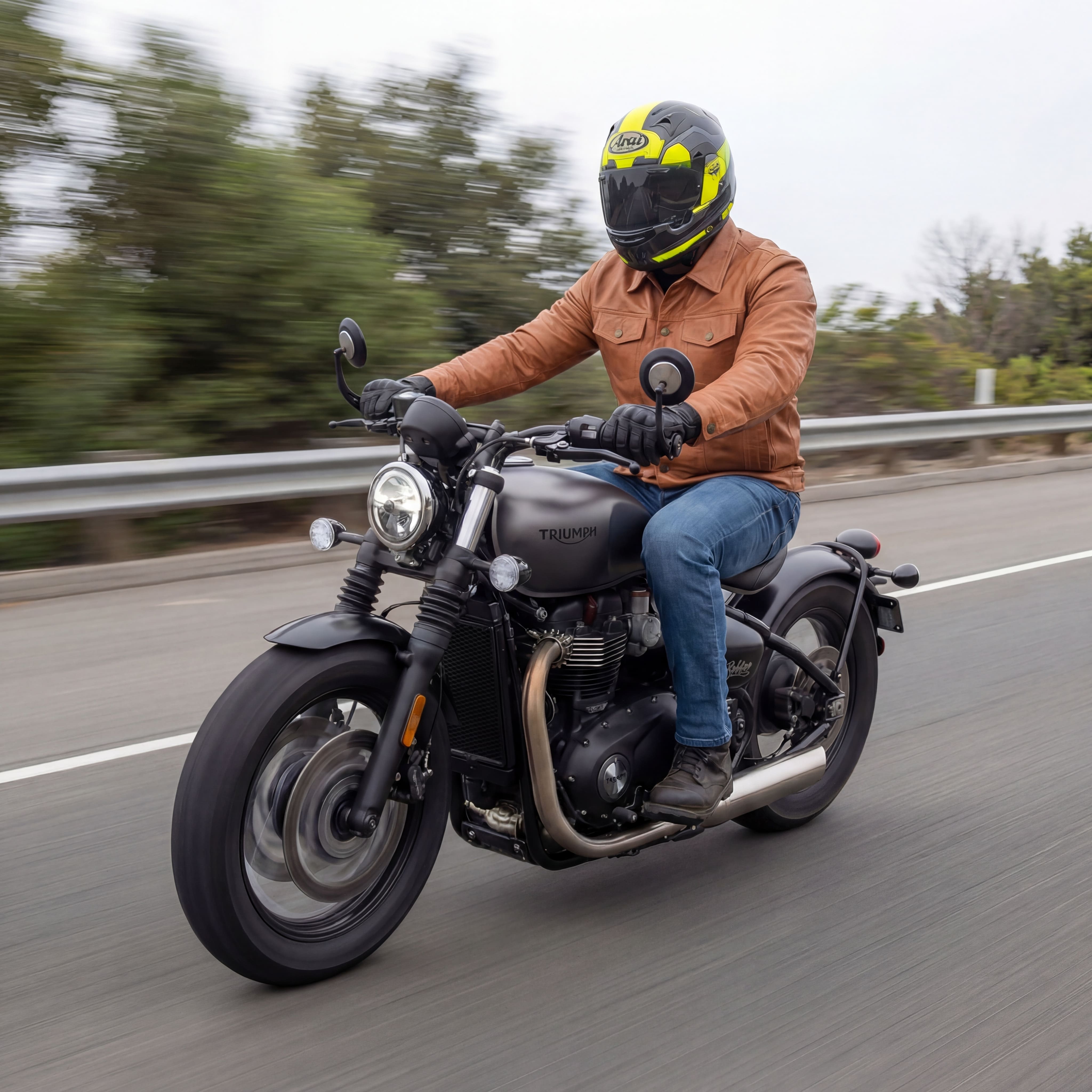 Vance Leathers' Mens Austin Brown Premium Classic Motorcycle Trucker Leather Jacket - lifestyle image