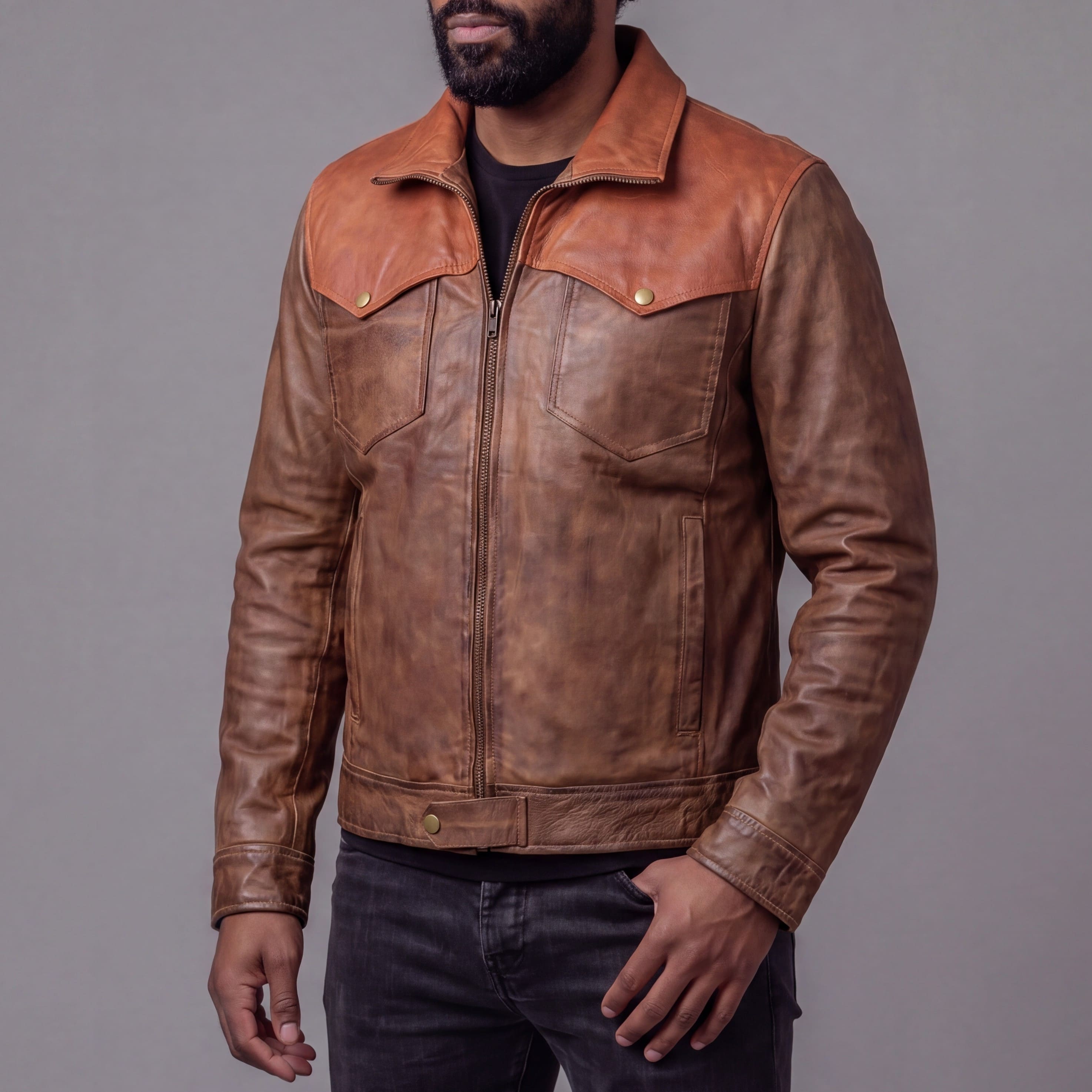 Men's Western Waxed Two-Tone Austin Brown Leather Jacket - side pose