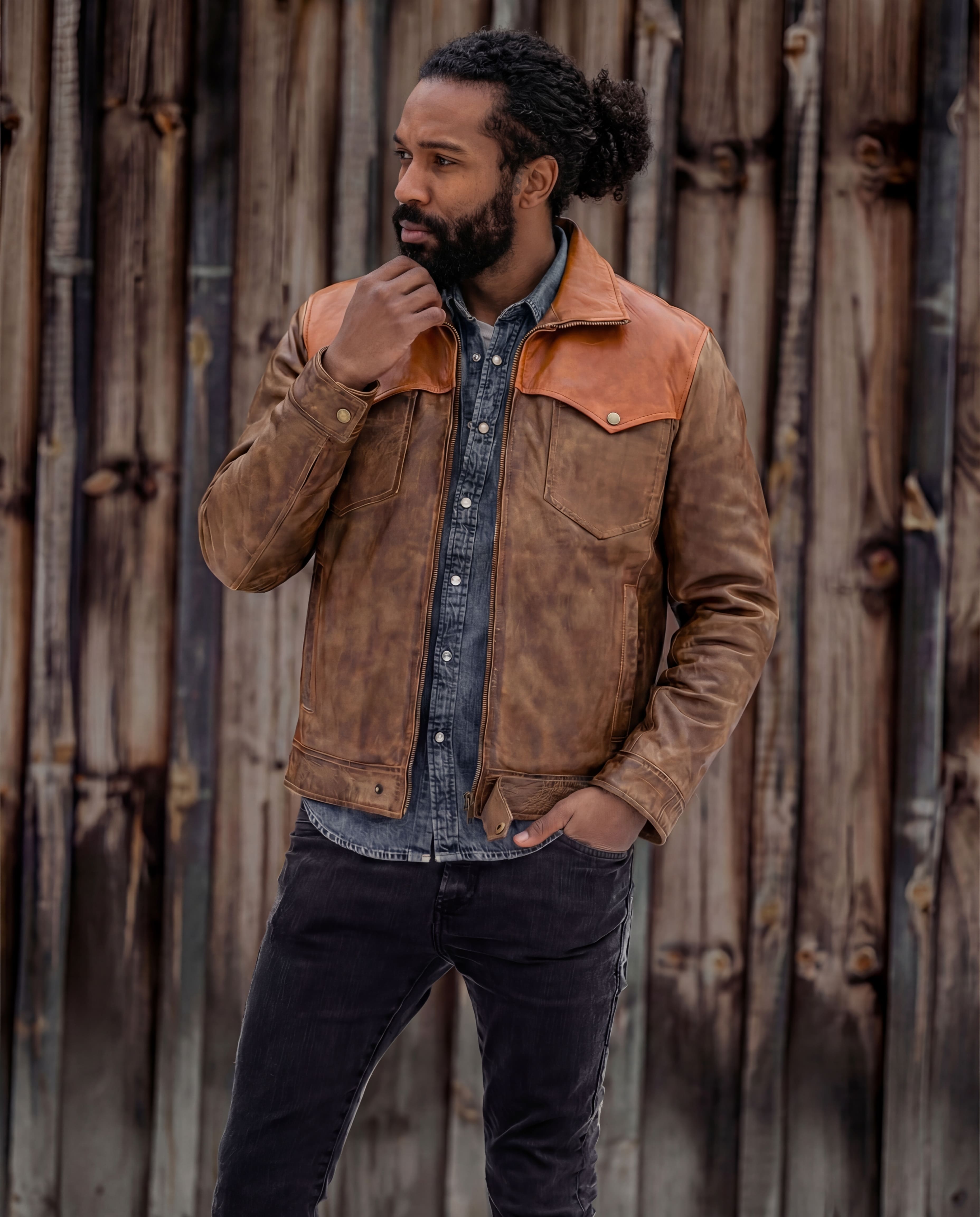 Men's Western Waxed Two-Tone Austin Brown Leather Jacket - lifestyle image