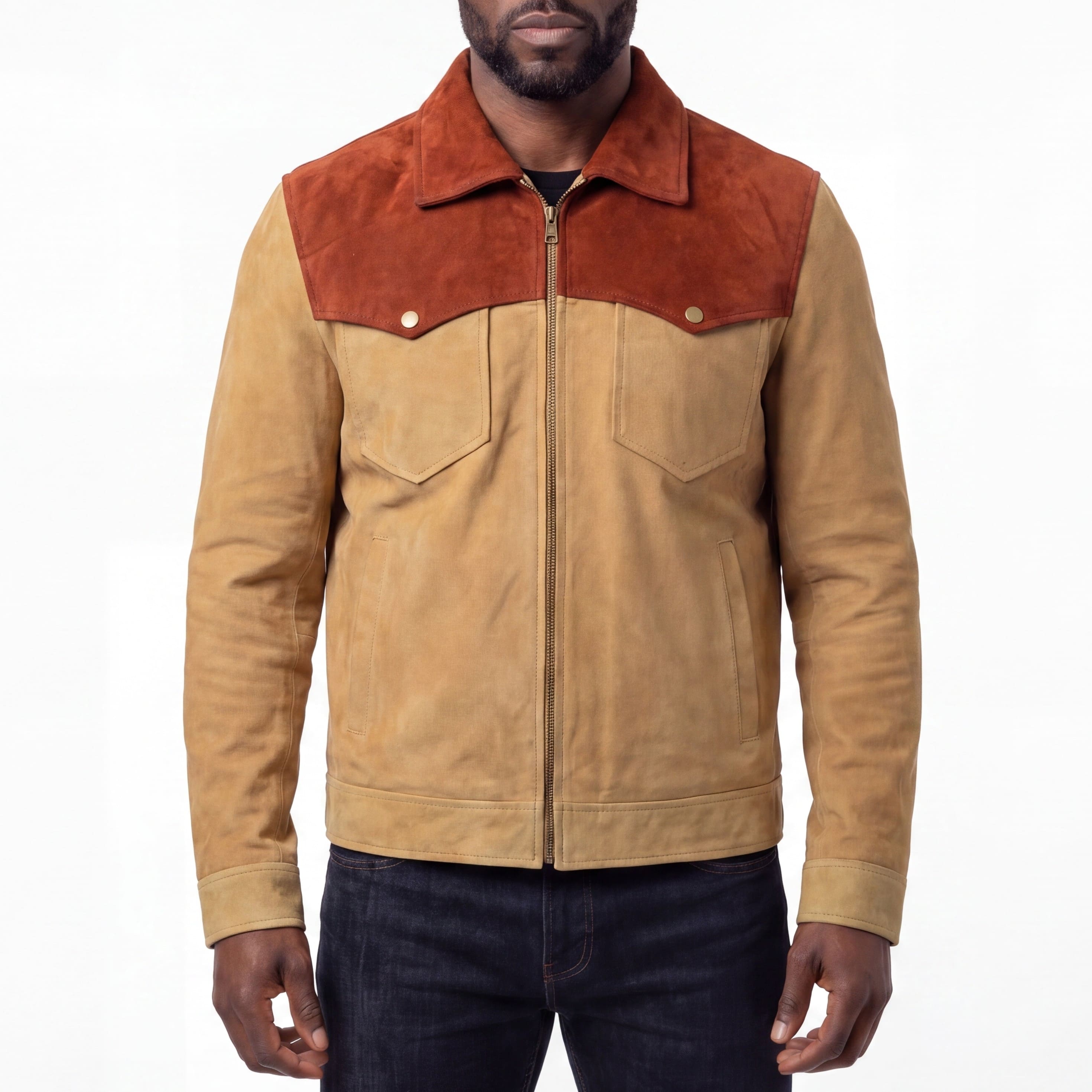 Men's Western Goat Suede Two-Tone Leather Jacket - front pose