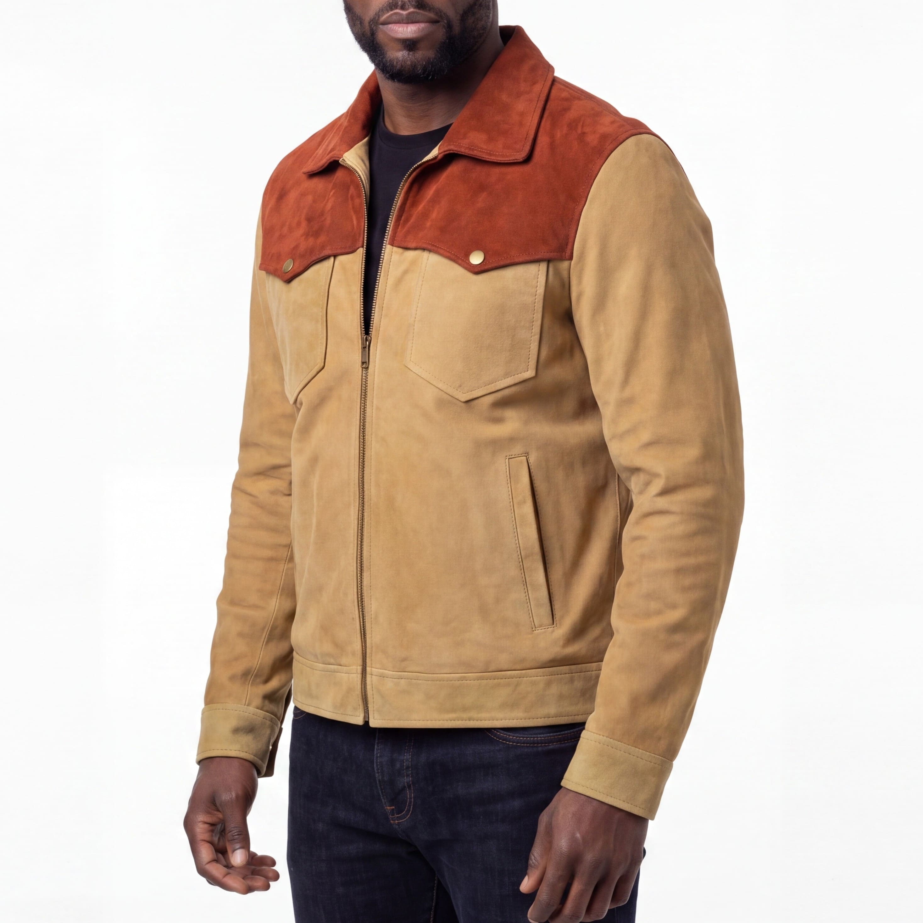 Men's Western Goat Suede Two-Tone Leather Jacket - side pose