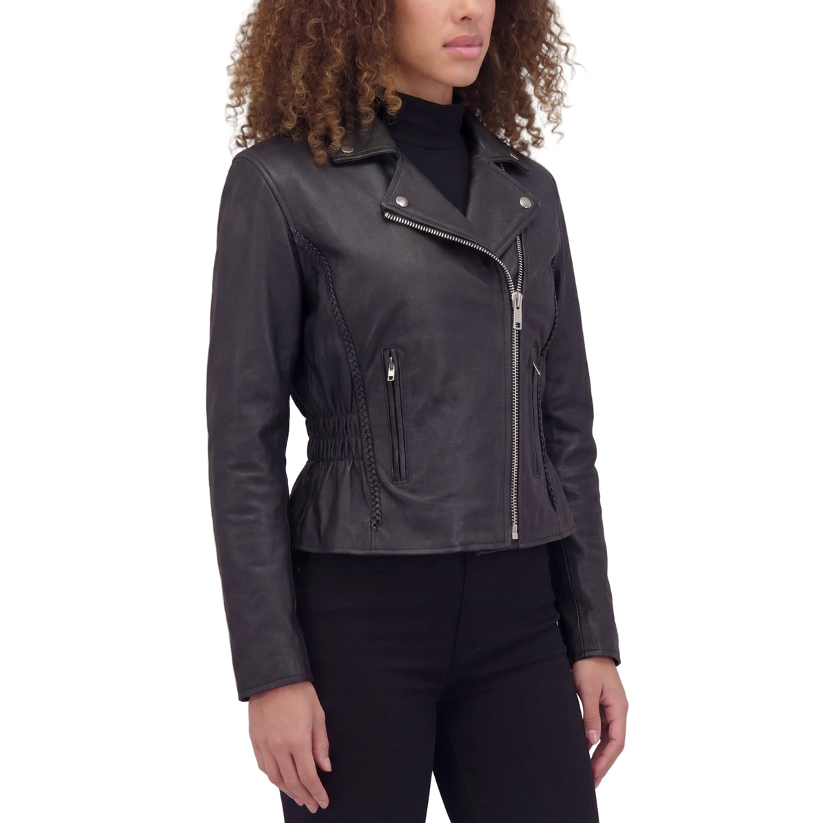Vance Leather Women's Black Soft Cowhide Braided and Studded Biker Motorcycle Riding Jacket - side pose