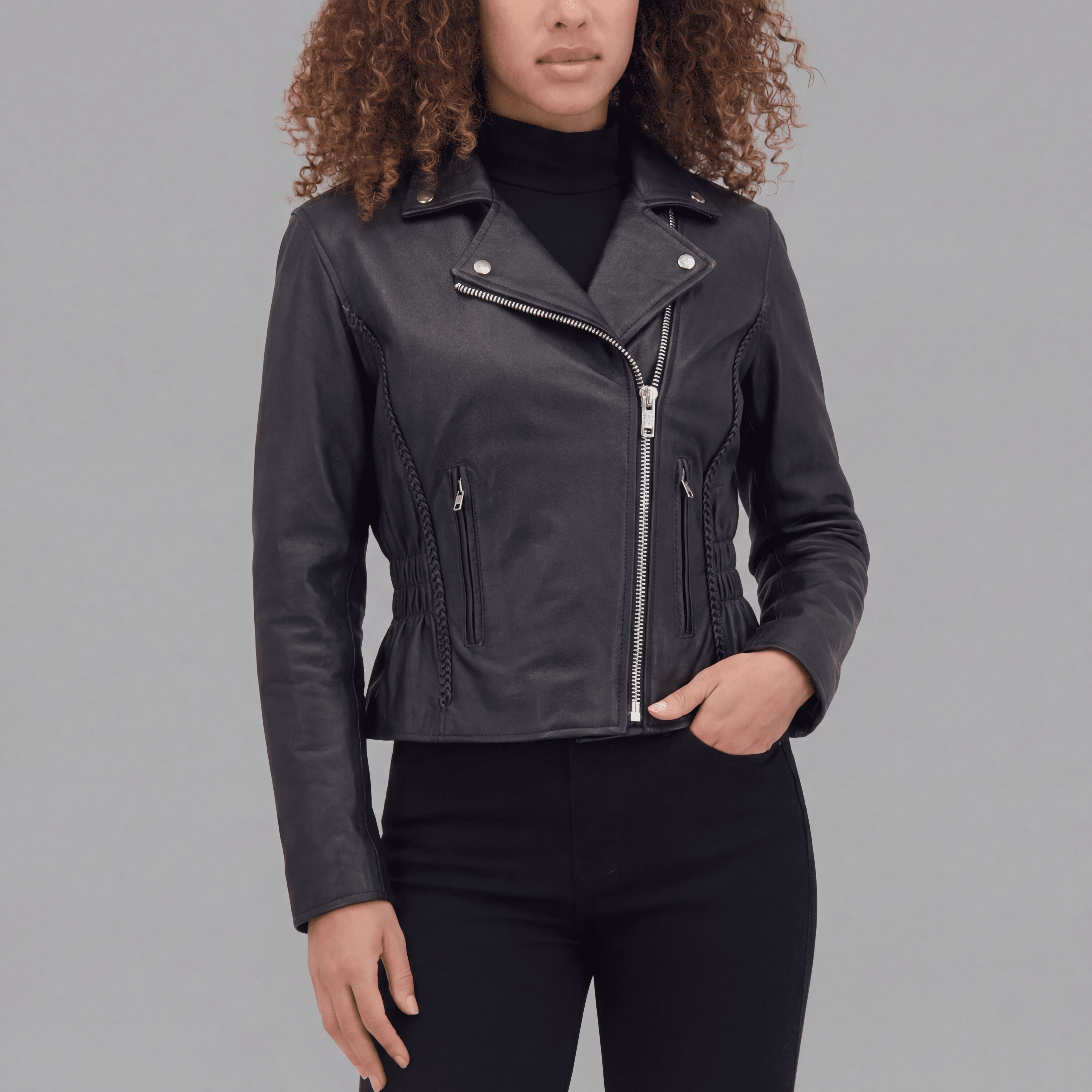 Vance Leather Women's Black Soft Cowhide Braided and Studded Biker Motorcycle Riding Jacket