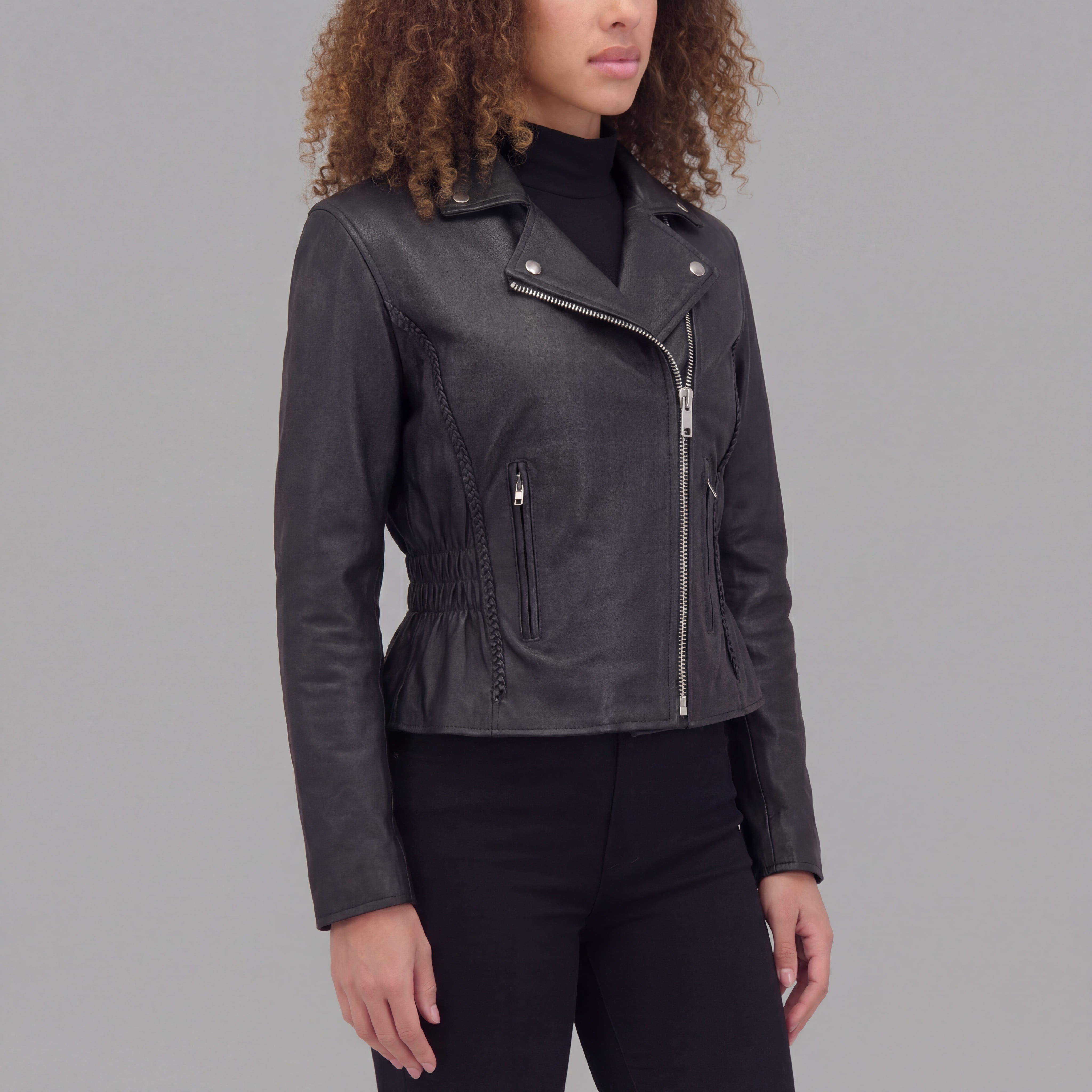 Vance Leather Women's Black Soft Cowhide Braided and Studded Biker Motorcycle Riding Jacket