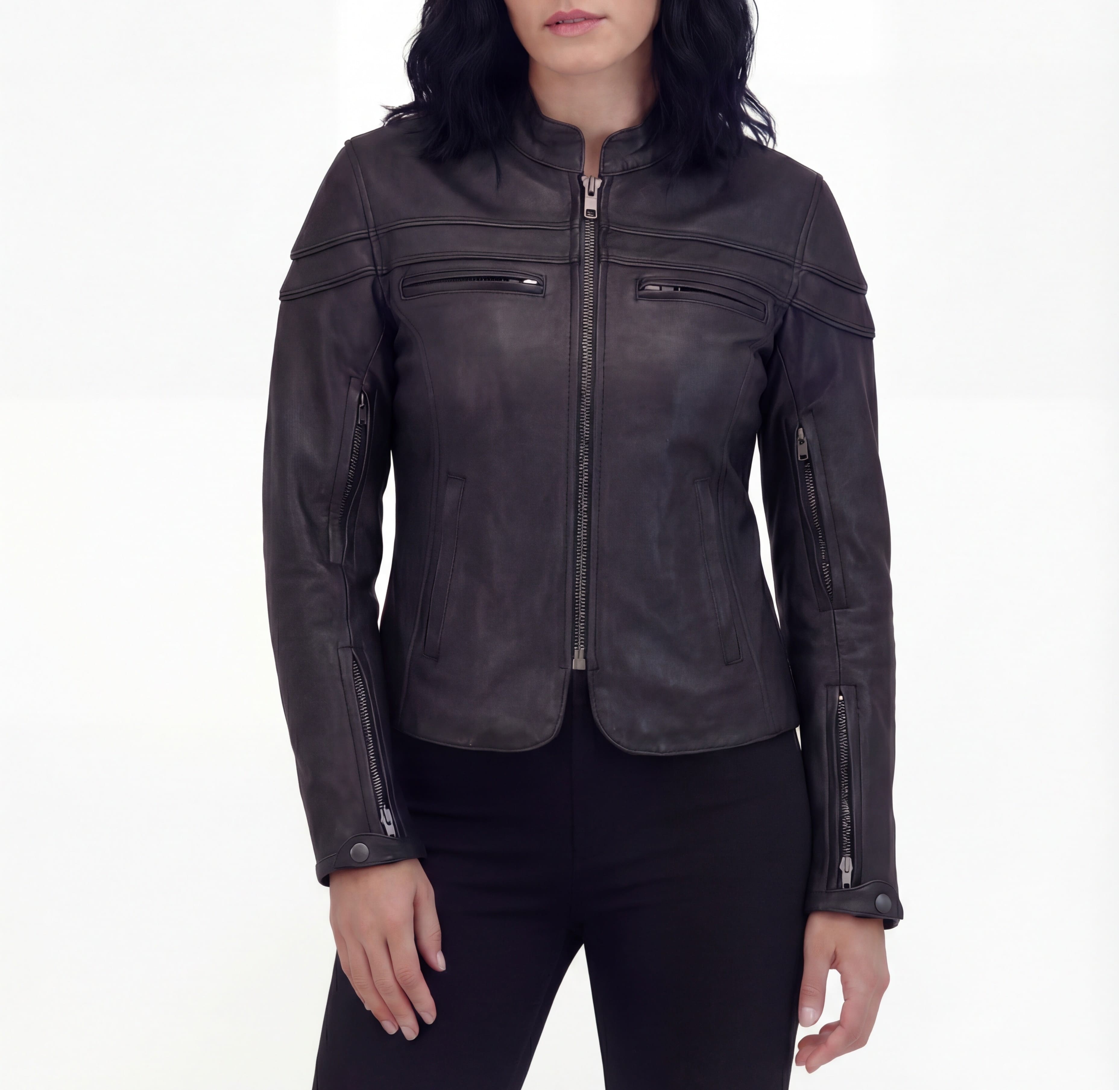 Vance Leather Womens Black Soft Cowhide Leather Sporty Scooter Crossover Biker Motorcycle Riding Jacket