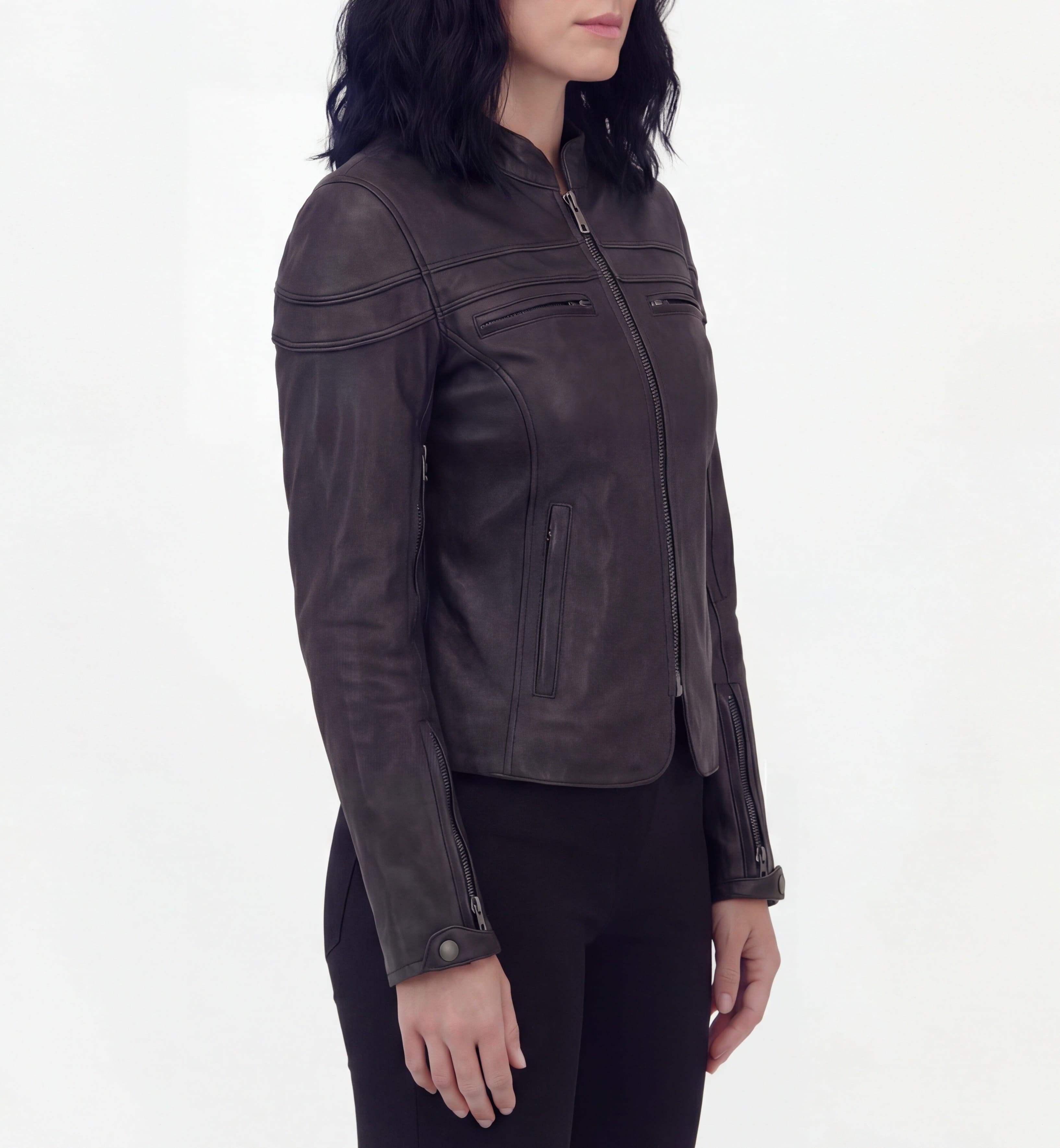 Vance Leather Womens Black Soft Cowhide Leather Sporty Scooter Crossover Biker Motorcycle Riding Jacket