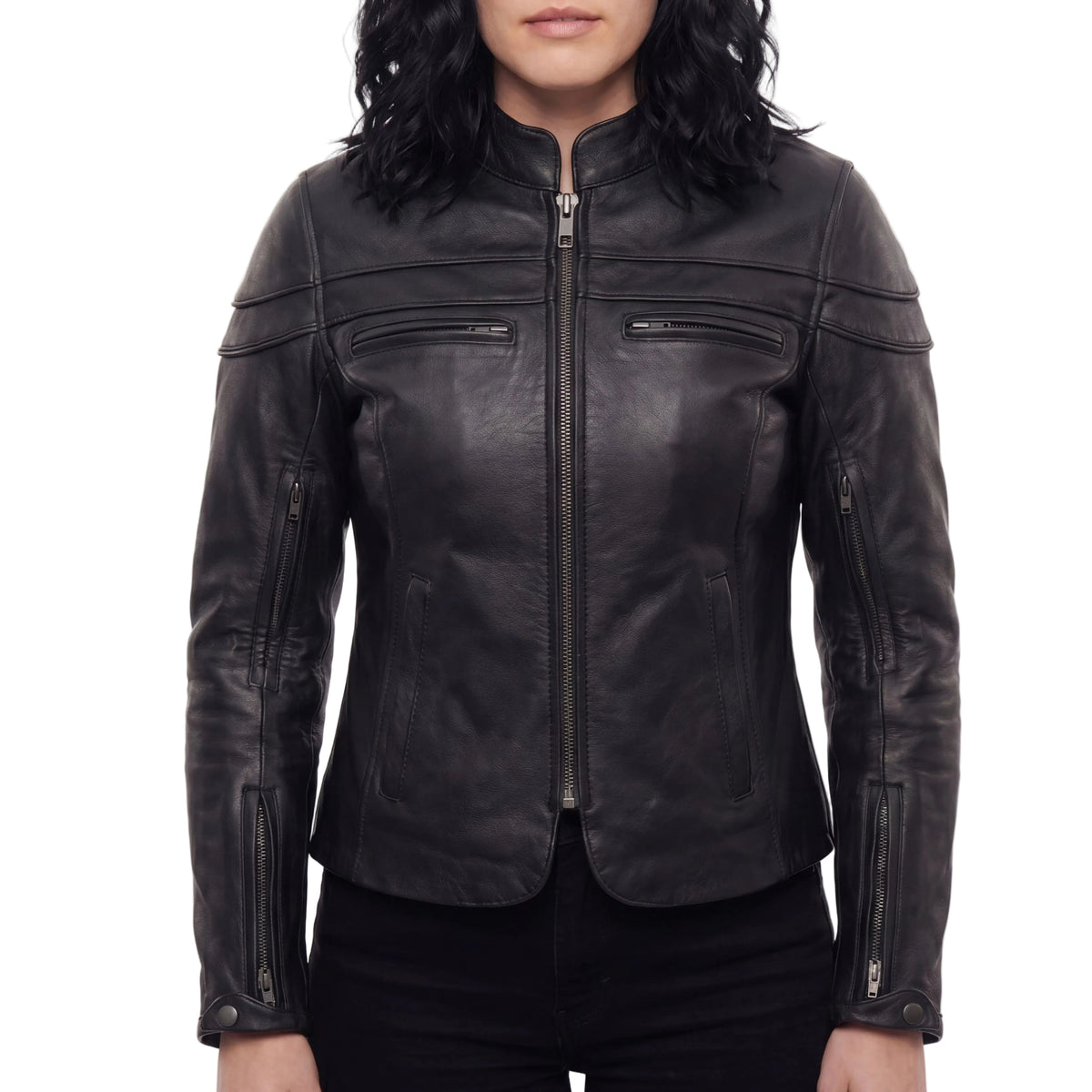 Womens Black Soft Cowhide Leather Sporty Scooter Crossover Biker Motorcycle Riding Jacket - front pose