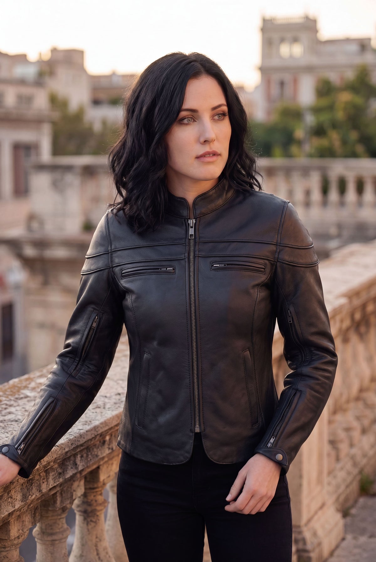 Vance Leather Womens Black Soft Cowhide Leather Sporty Scooter Crossover Biker Motorcycle Riding Jacket - lifestyle image
