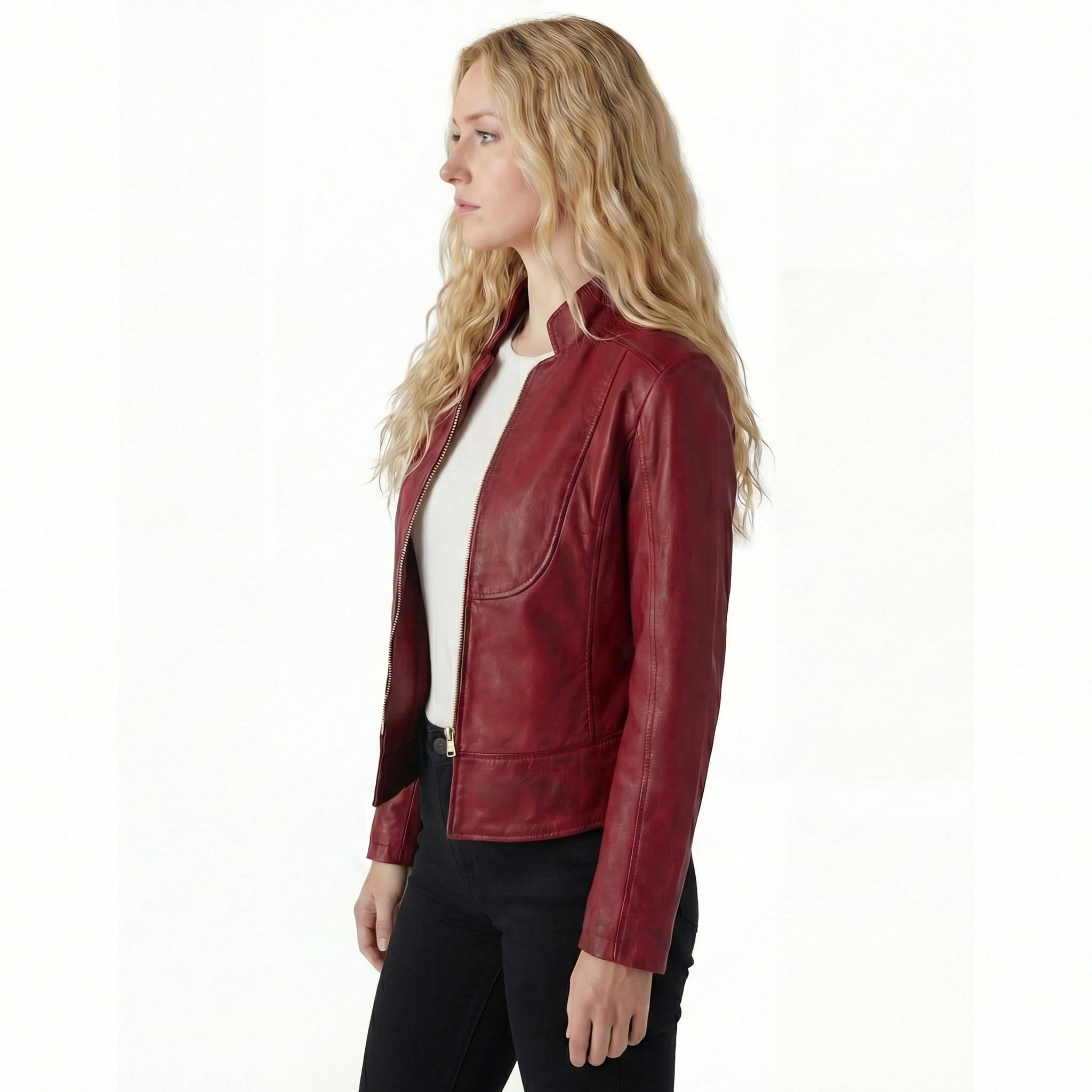 Vance Leathers Ladies Premium Soft Lightweight Burgundy Fitted Motorcycle Leather Jacket