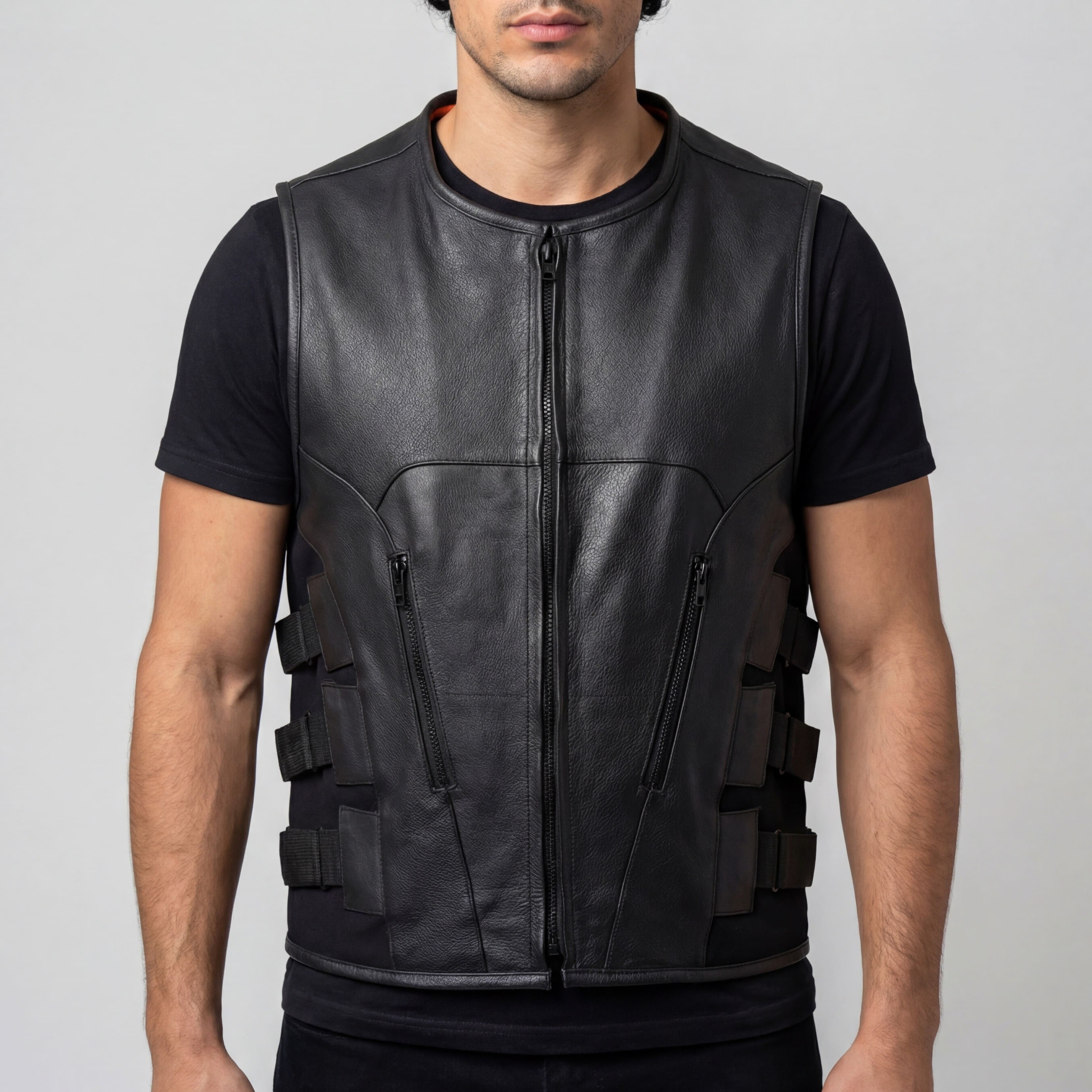 Mens Black SWAT Team Style Premium Leather Motorcycle Vest - front pose