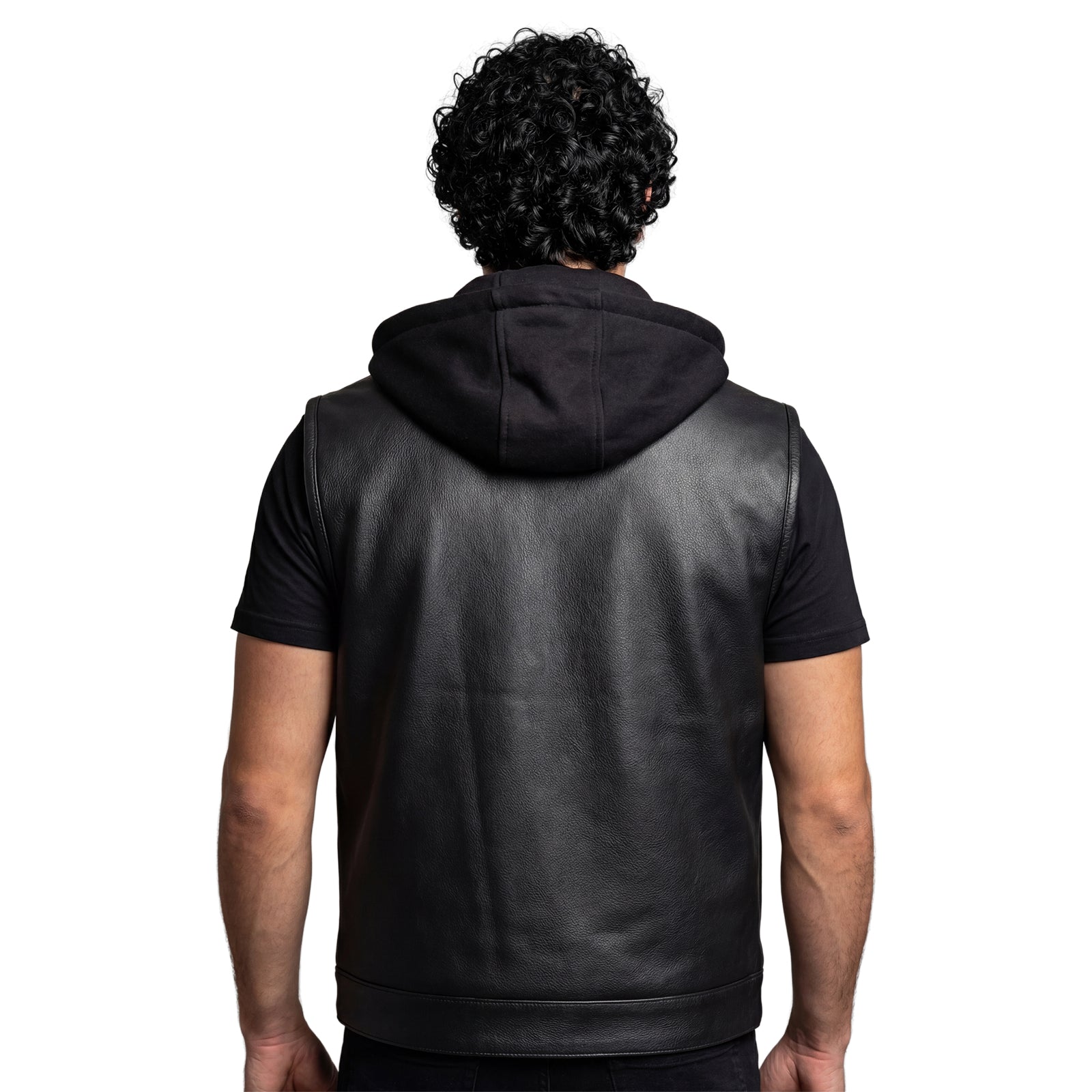 Vance Mens Black Premium Cowhide Leather Motorcycle Biker SOA Style Club Vest with Hood - back pose with hood