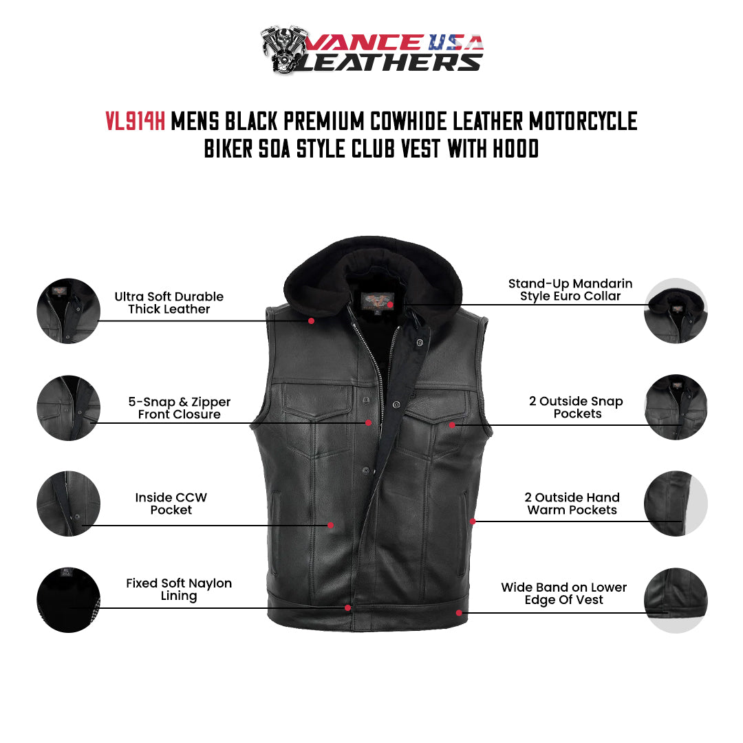 Vance Mens Black Premium Cowhide Leather Motorcycle Biker SOA Style Club Vest with Hood - info graphics