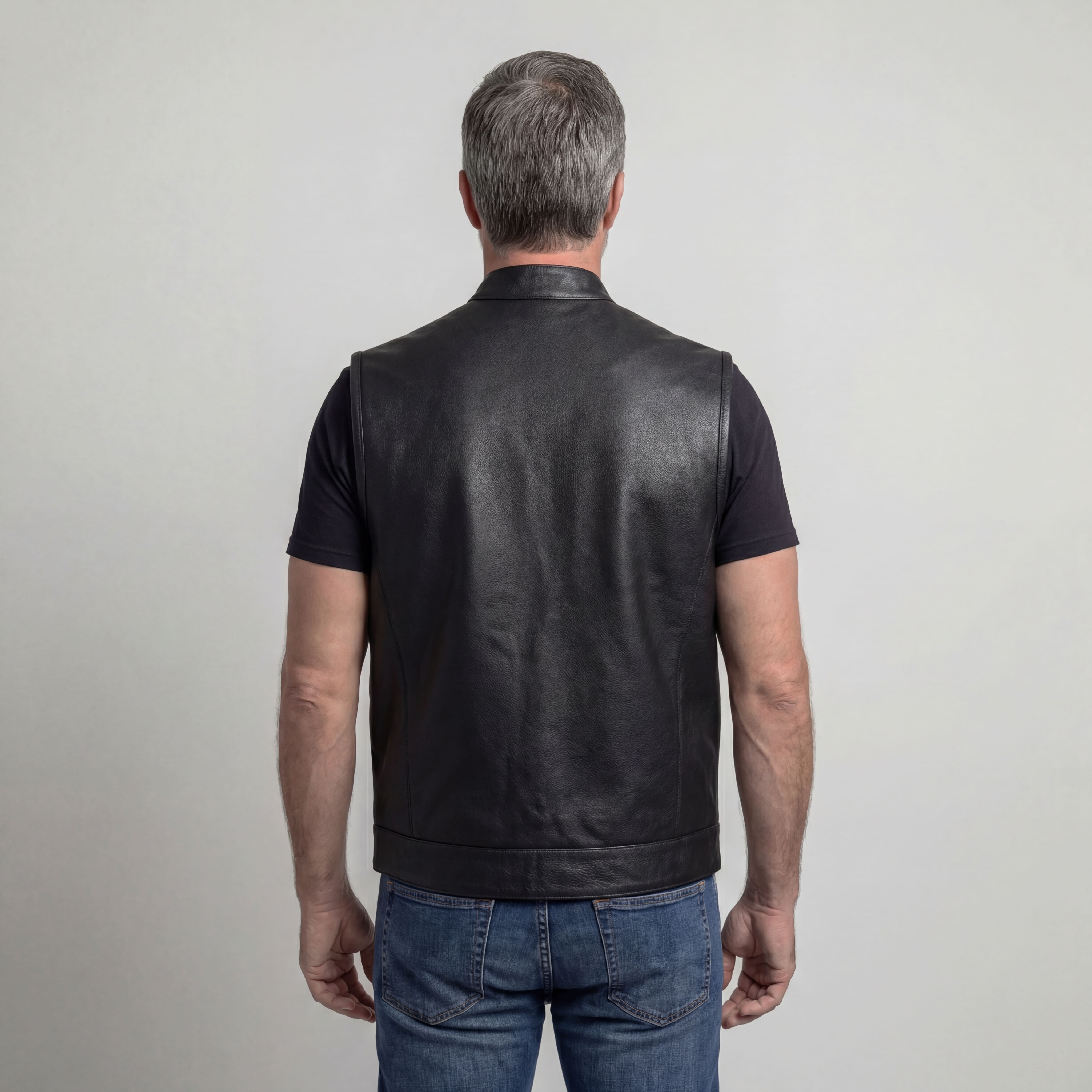 Men's Standard Black Zipper and Snap Closure Concealed Carry SOA Style Leather Motorcycle Vest - back pose