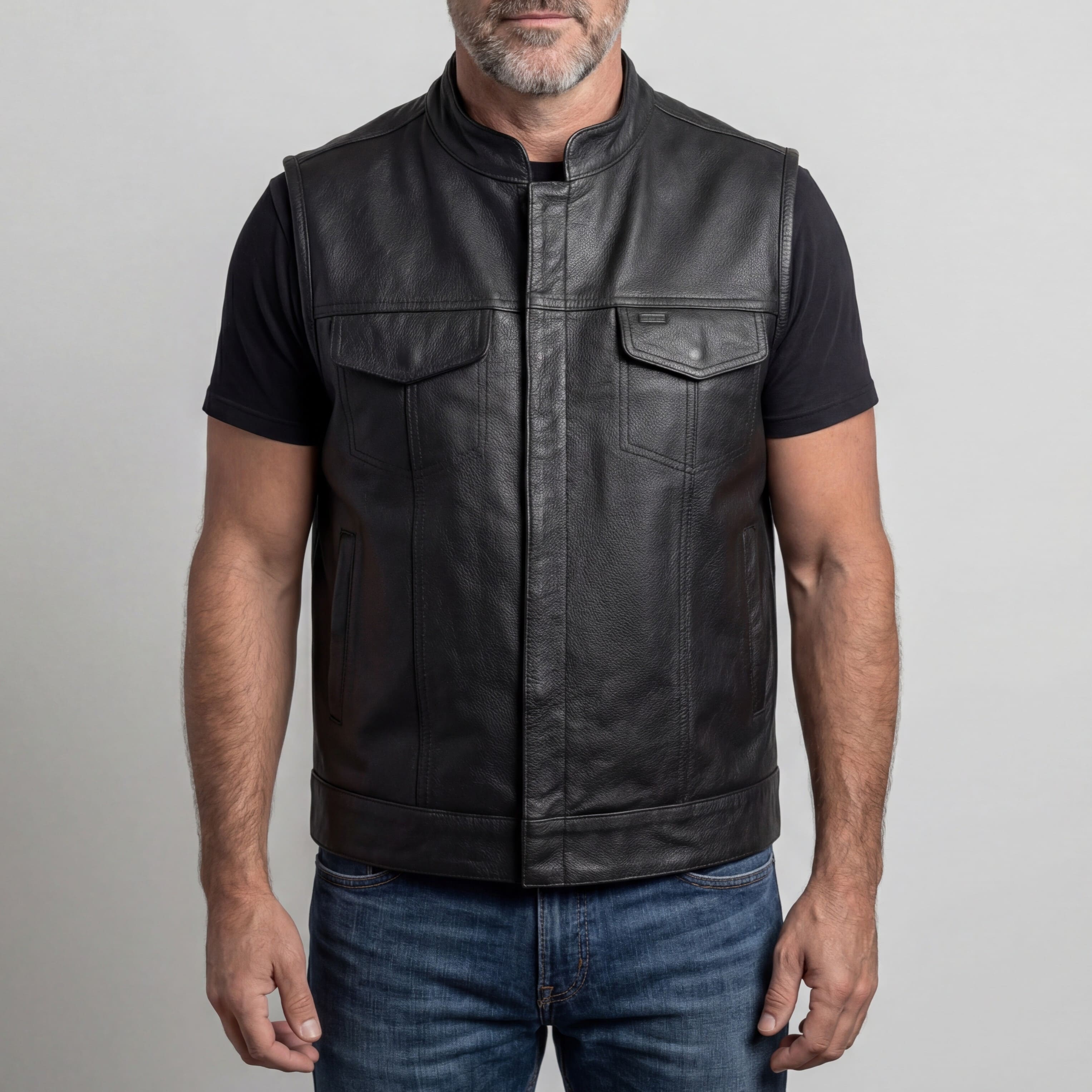 Men's Standard Black Zipper and Snap Closure Concealed Carry SOA Style Leather Motorcycle Vest - Front Pose