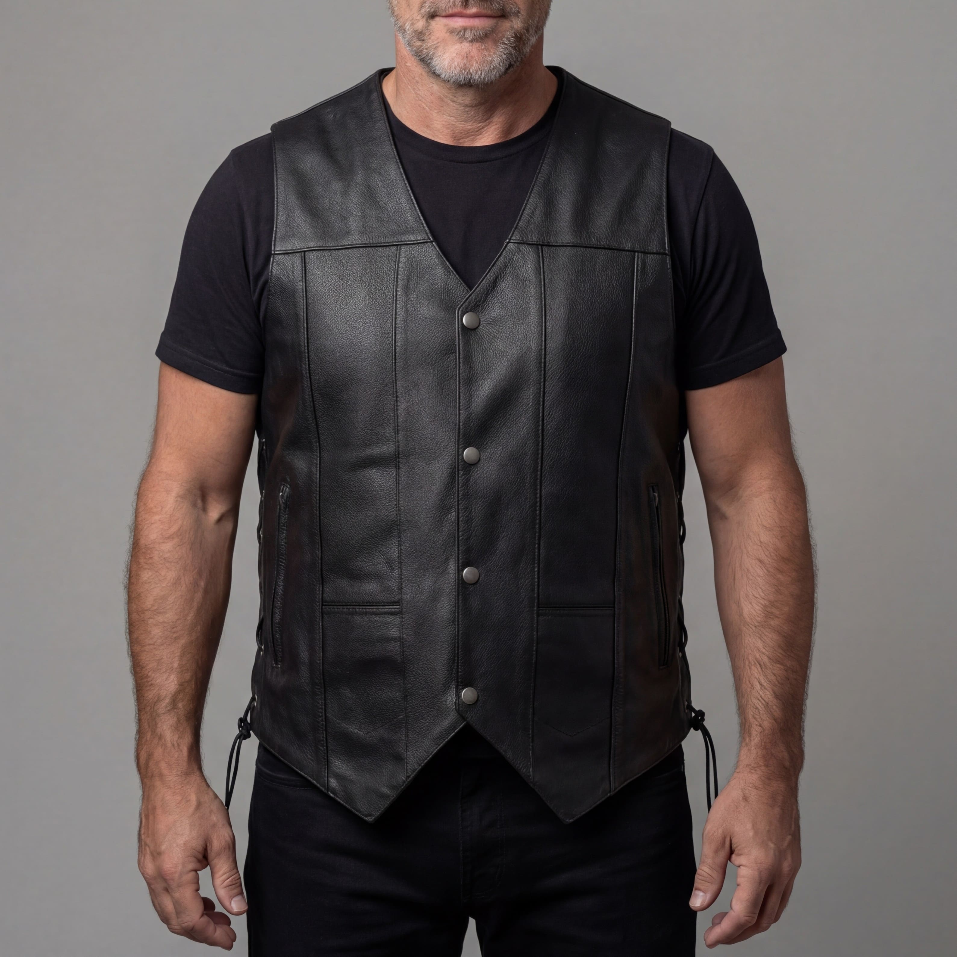 Vance Men's Black Premium Cowhide Ten Pocket Leather Vest