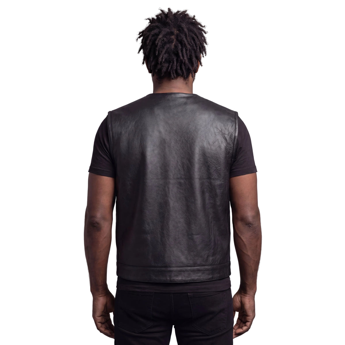 Mens Black Premium Cowhide Leather Motorcycle Vest With Quick Access Conceal Carry Pockets - back pose