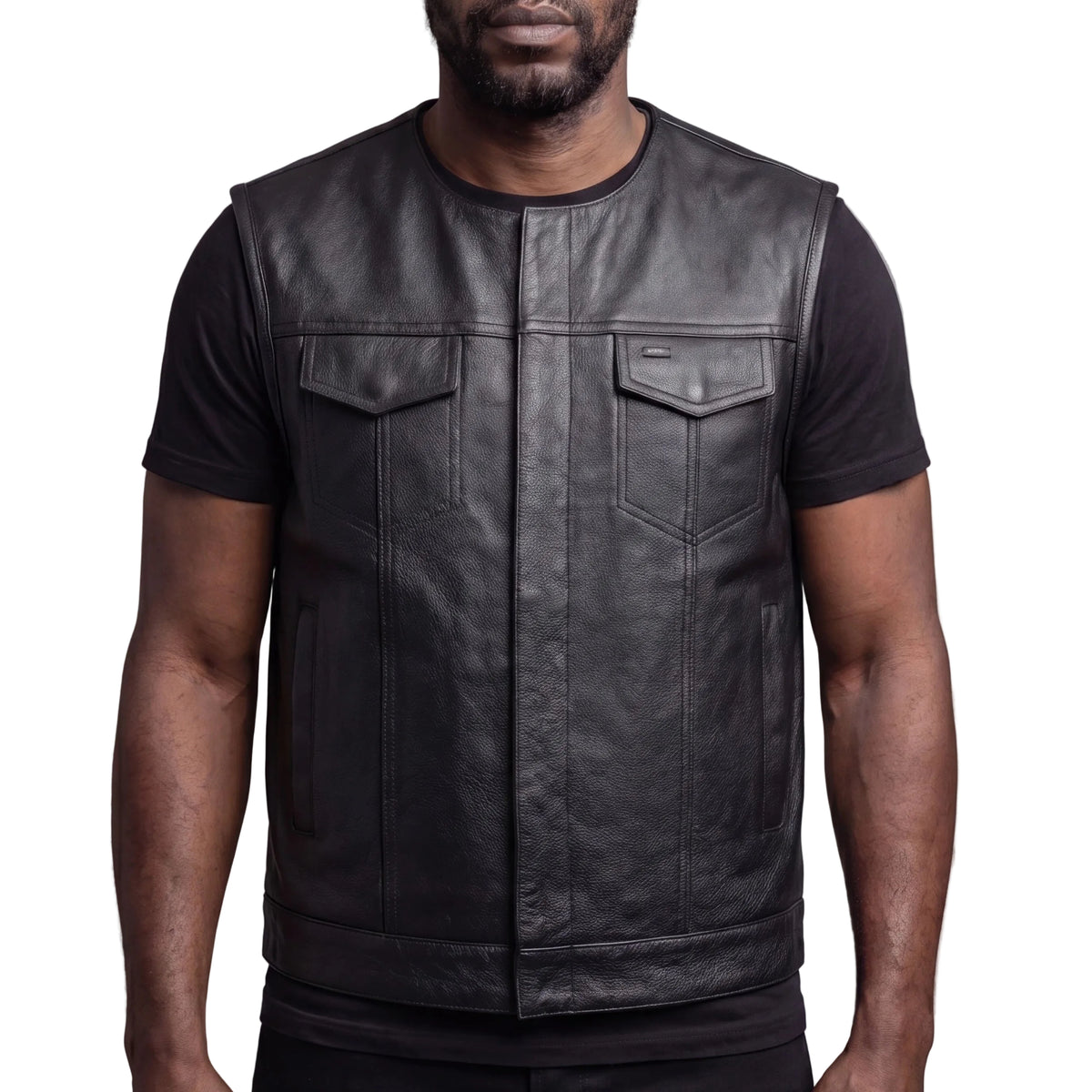 Mens Black Premium Cowhide Leather Motorcycle Vest With Quick Access Conceal Carry Pockets - front pose