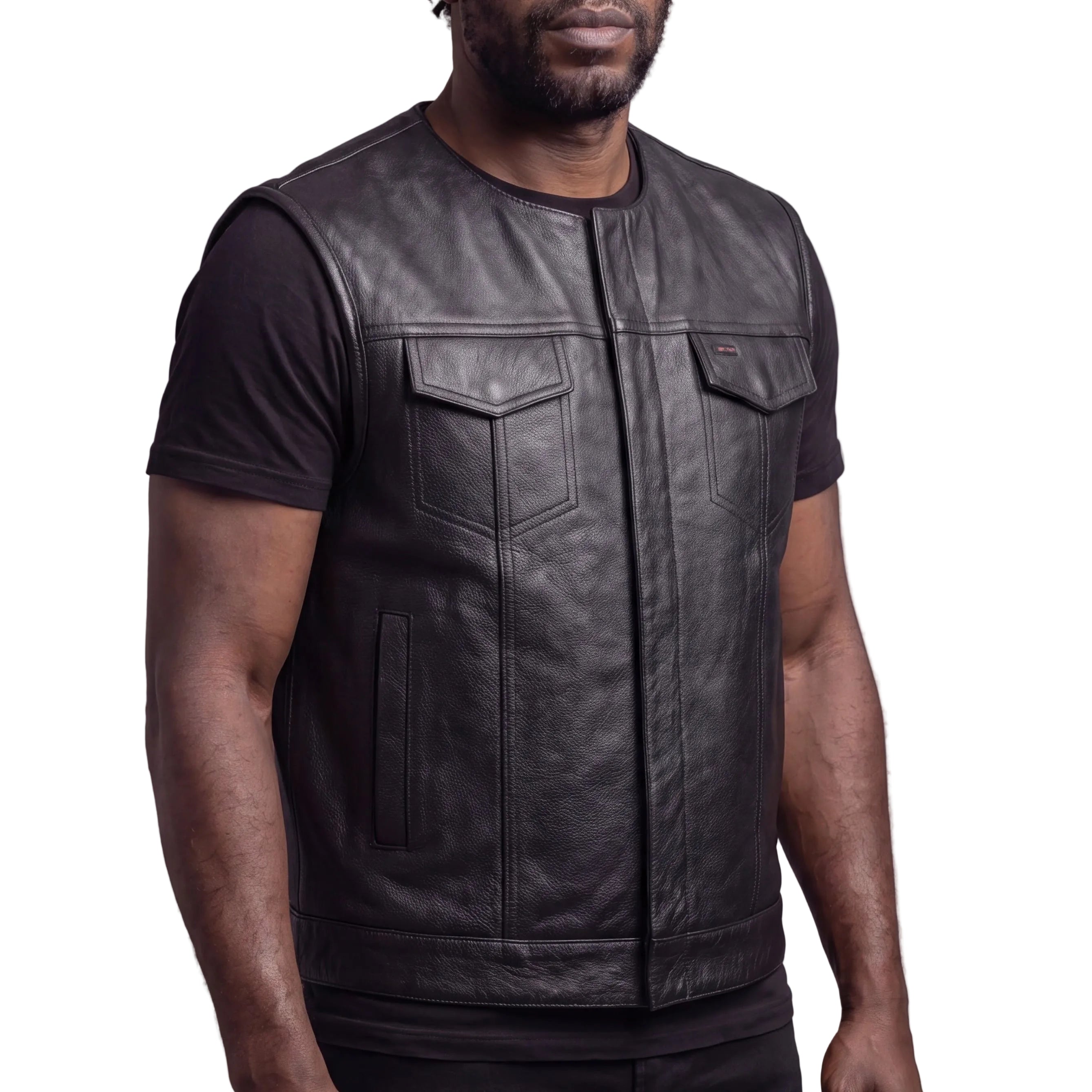 Men's Black Leather Motorcycle Vest With CCW Pockets | TM