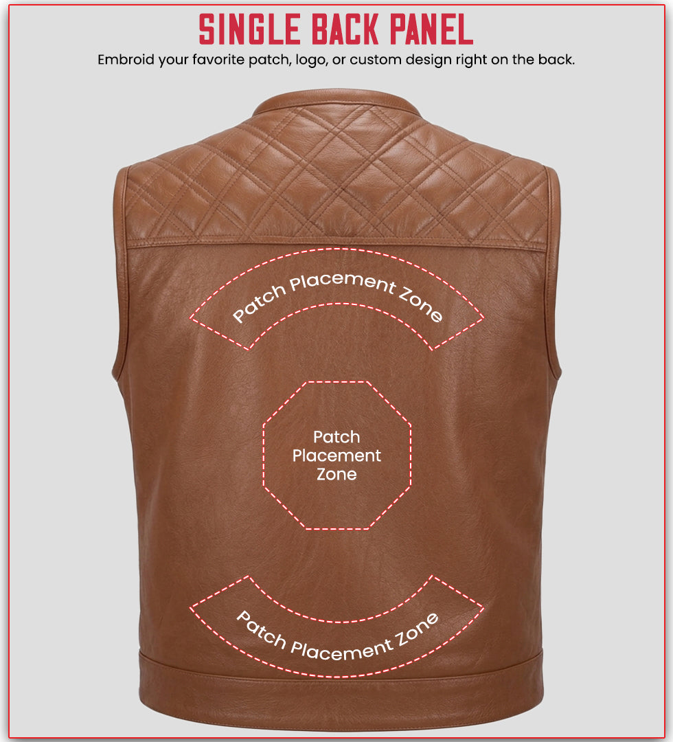 Cognac leather club vest back with outlined placement zones for upper and lower rocker patches and a large center patch