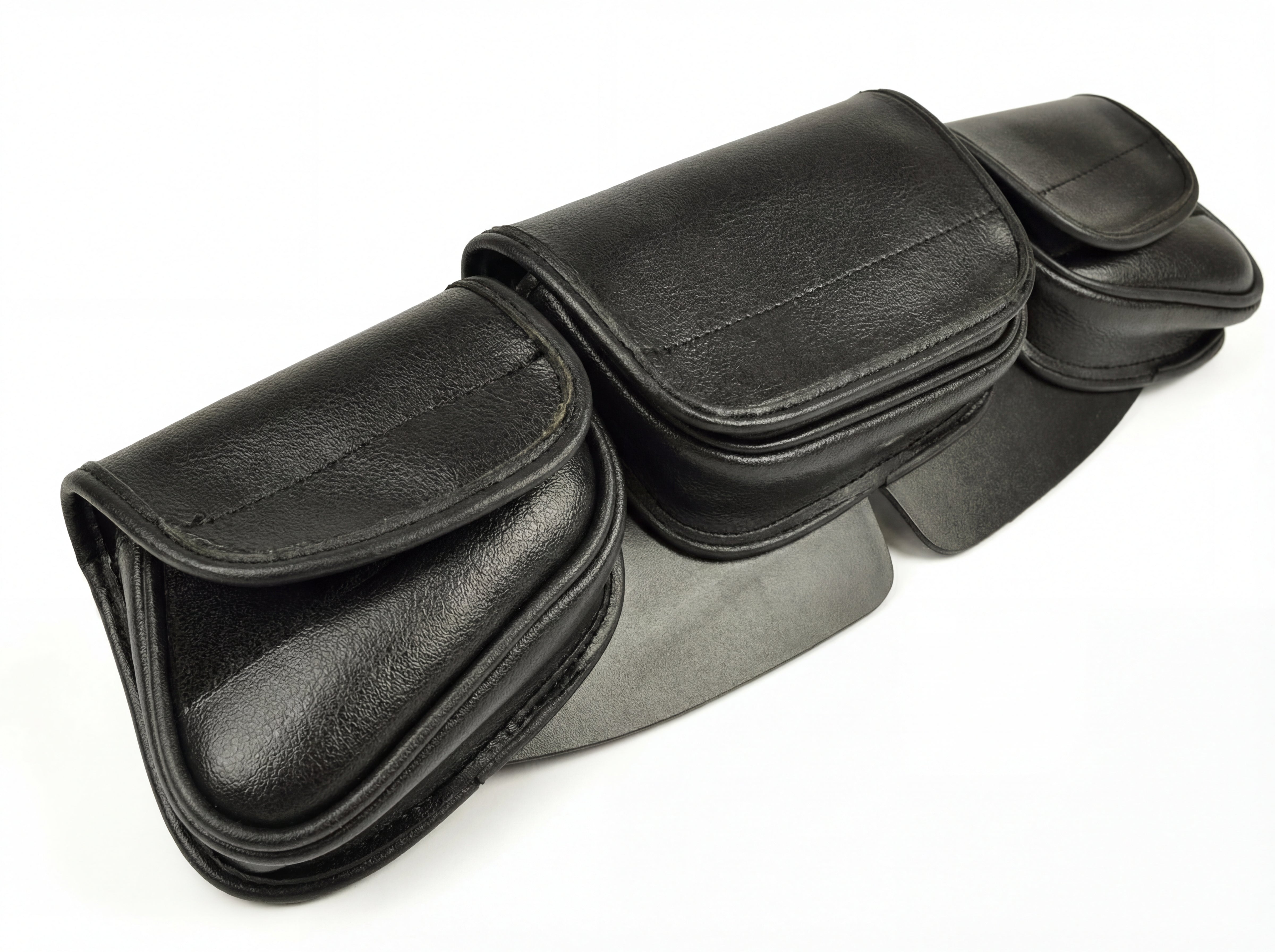 Black leather windshield bag with multiple pouches on a white background
