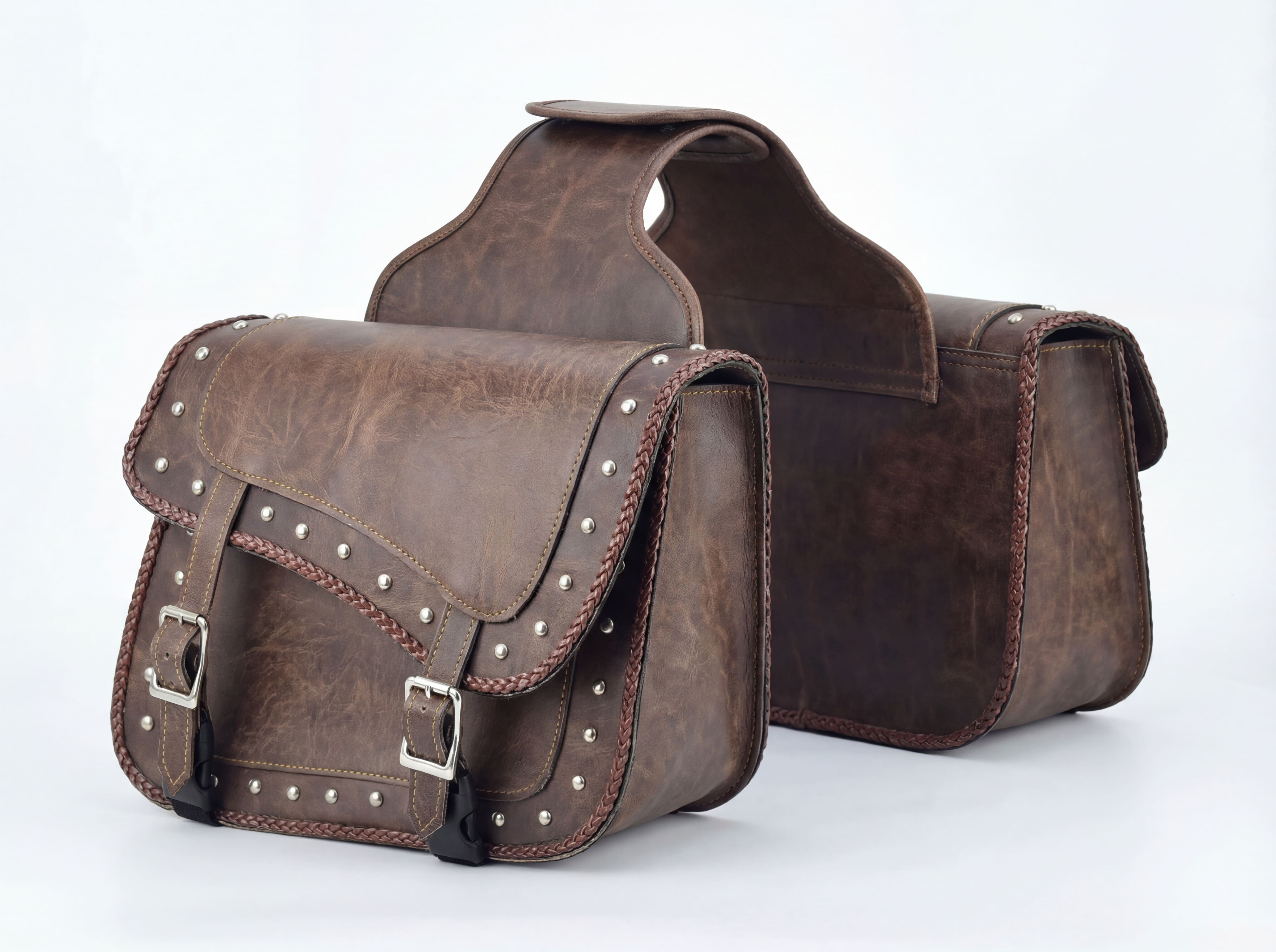 Vance Distressed Brown Studded Concealed Carry Motorcycle Saddlebags for Honda Yamaha Kawasaki Indian and Harley Davidson Motorcycles