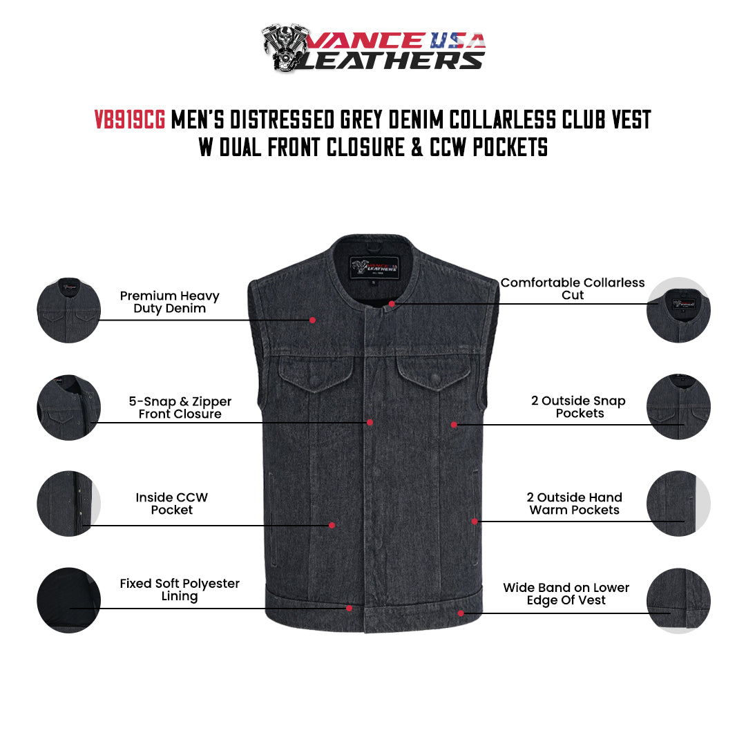 Grey denim vest diagram labeling collarless cut, snap and zipper closure, CCW pocket, chest and hand pockets, and lining.