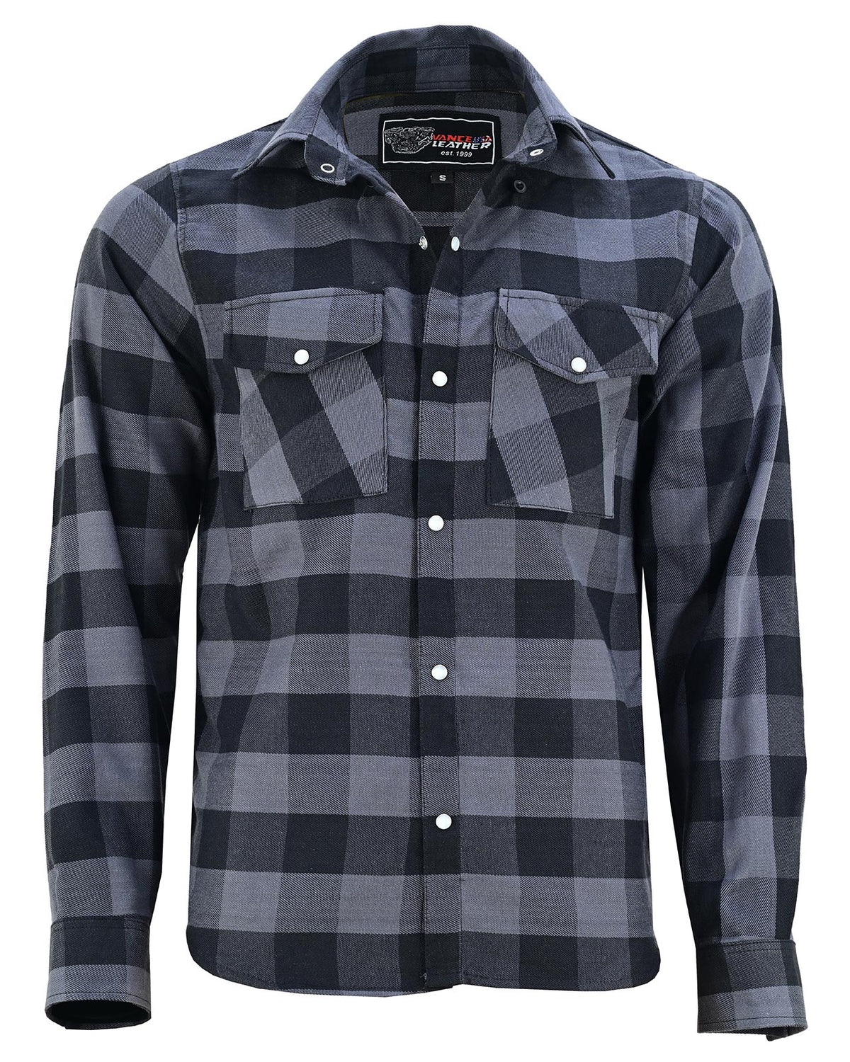 Vance men's grey and black plaid casual flannel shirt with open collar, snap-front closure and two flap chest pockets.