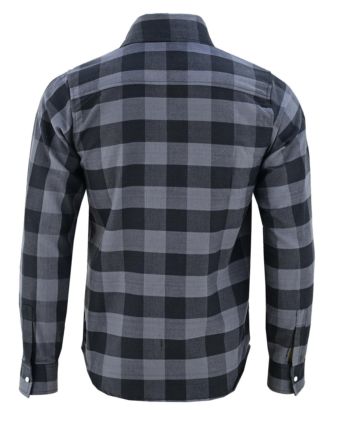 Back view of Vance men's grey and black plaid flannel shirt showing shoulder yoke, long sleeves and snap cuffs.