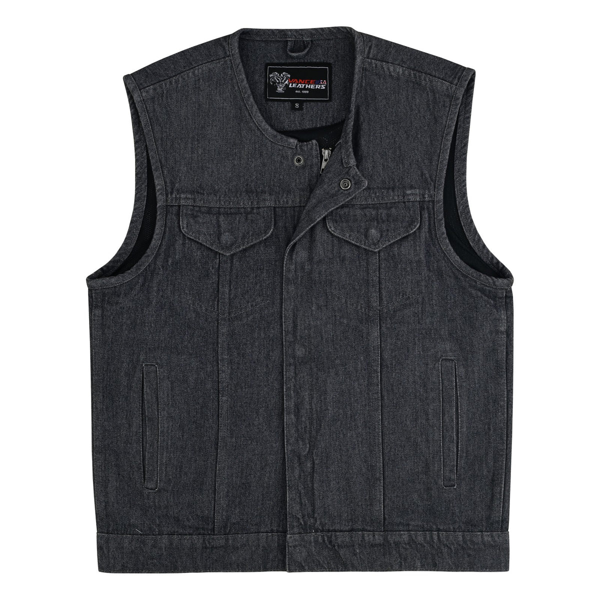 Grey denim motorcycle club vest with its top snap undone, showing the zipper beneath the placket and Vance Leathers label.