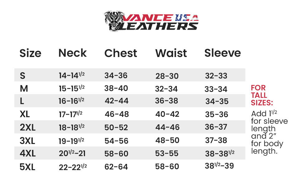 Vance Leathers men's flannel size chart, S–5XL, with neck, chest, waist and sleeve measurements in inches; tall adjustments.