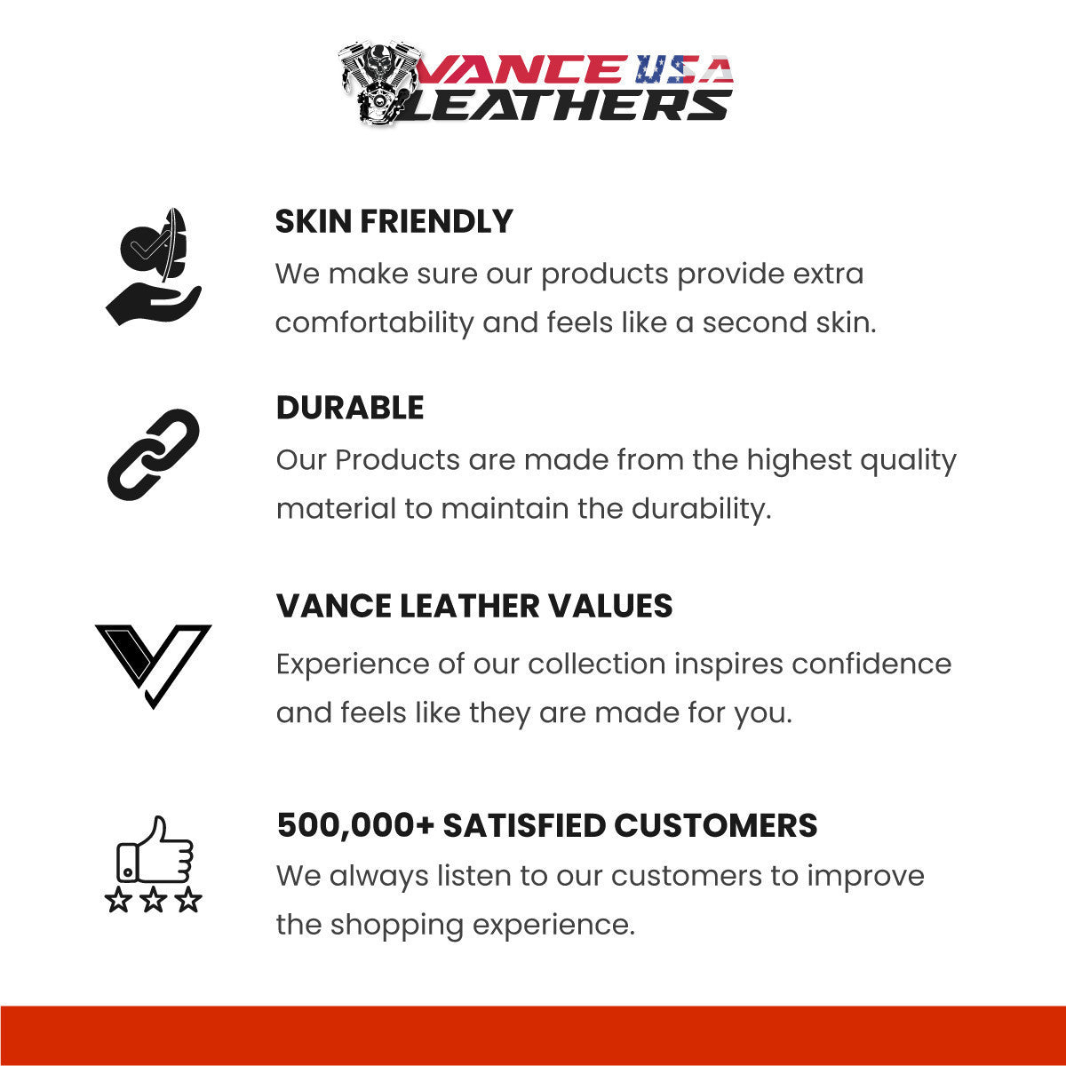 Vance Leathers brand graphic highlighting comfort and durability with a claim of over 500,000 satisfied customers.