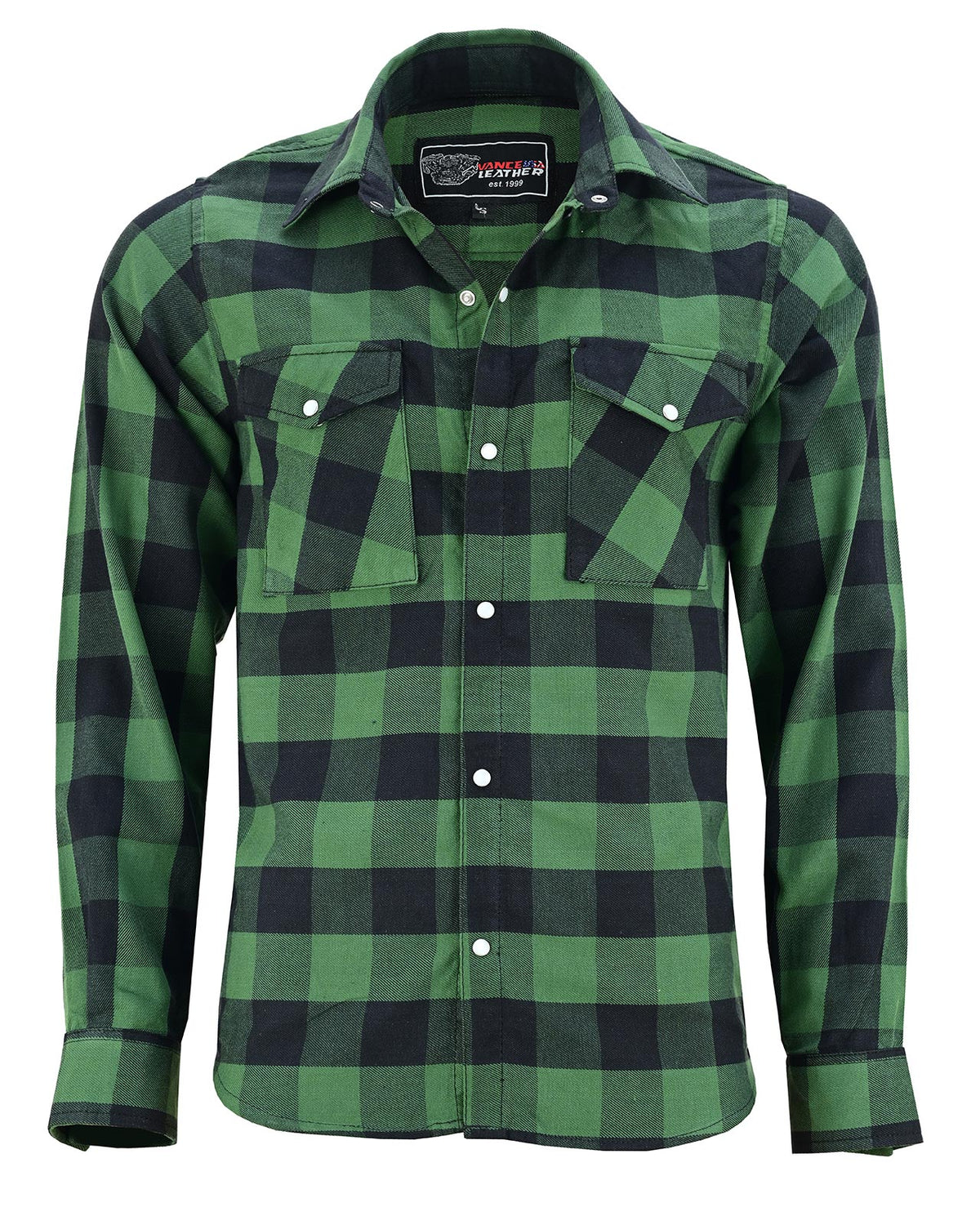 Vance men's green and black plaid snap-front flannel shirt with open collar and visible Vance Leathers label.