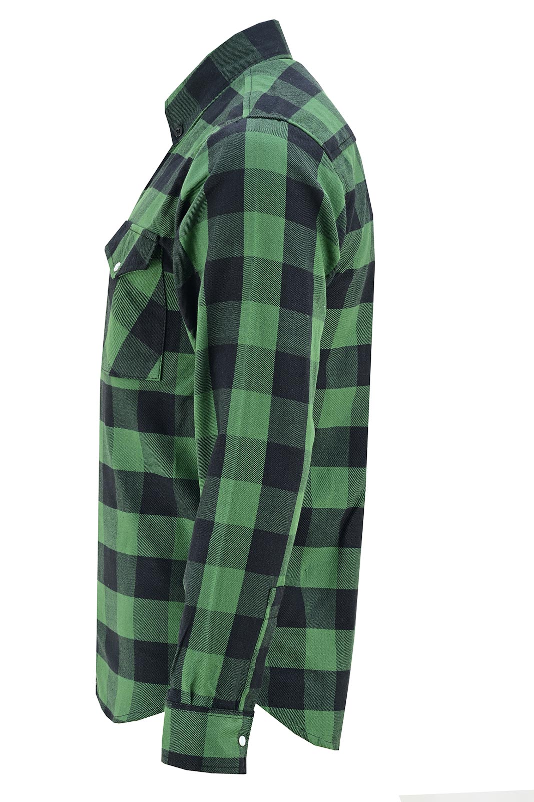 Side view of Vance men's green and black plaid flannel shirt showing long sleeve, snap cuff and curved hem.