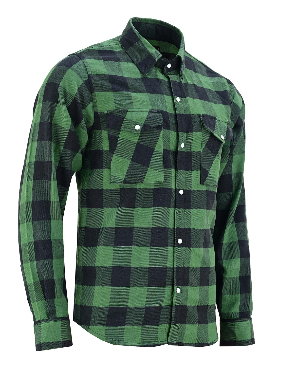 Angled view of Vance men's green and black plaid flannel shirt showing snap closure and flap chest pockets.