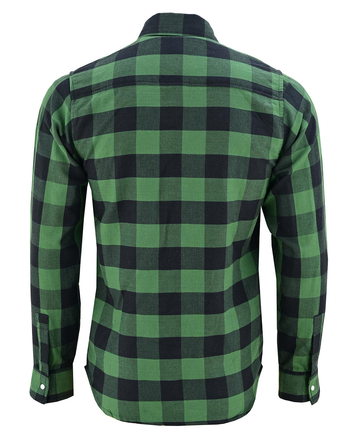Back view of Vance men's green and black plaid flannel shirt showing shoulder yoke, long sleeves and curved hem.