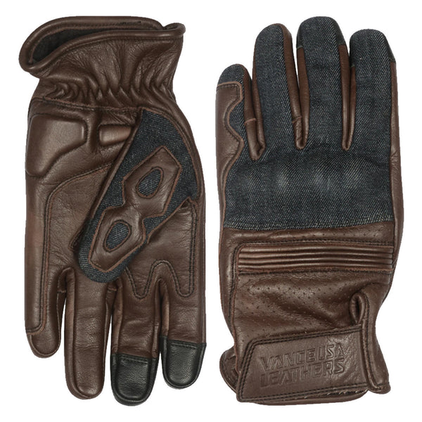 Vance Denim & Leather Motorcycle Brown Gloves with Touchscreen