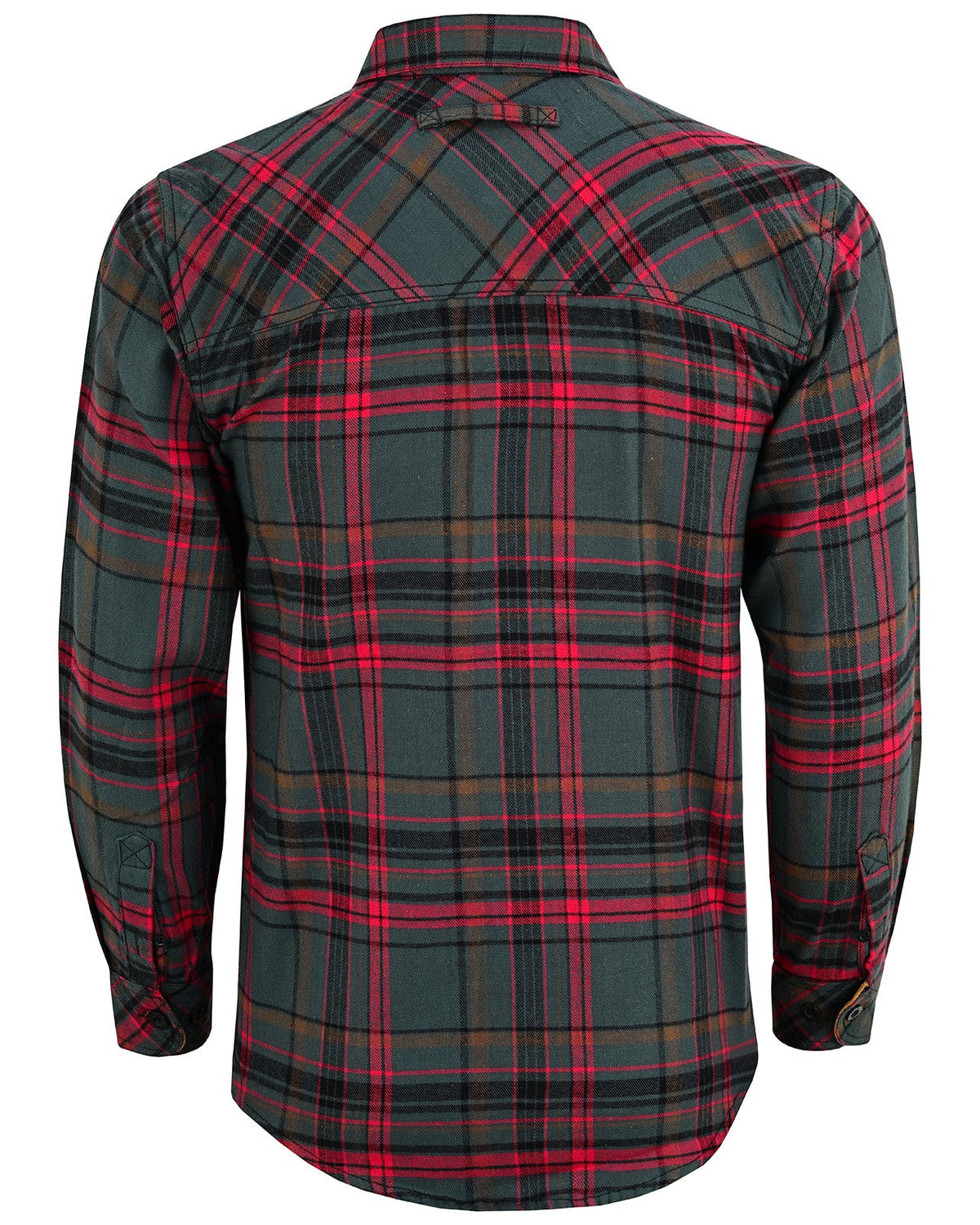 Back view of Woodlot men's forest-green plaid flannel shirt showing red and brown stripes and a diagonal plaid shoulder yoke.