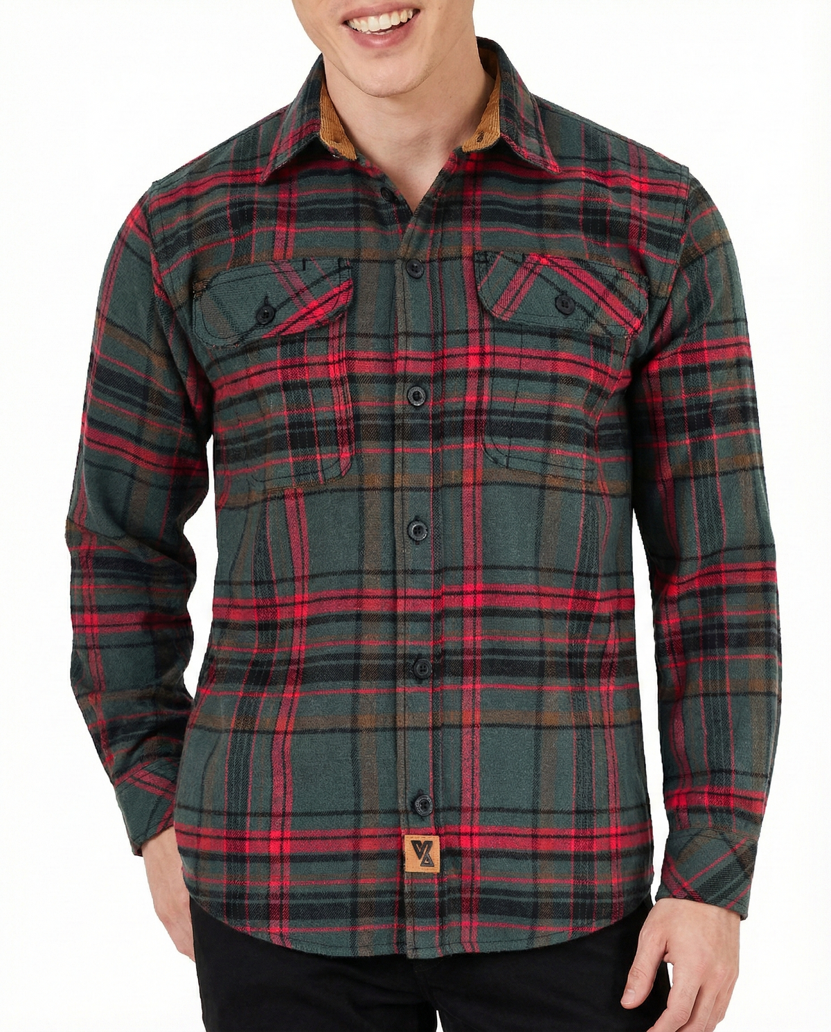 Model wearing Woodlot men's forest-green, red and brown plaid flannel shirt with long sleeves and buttoned chest pockets.