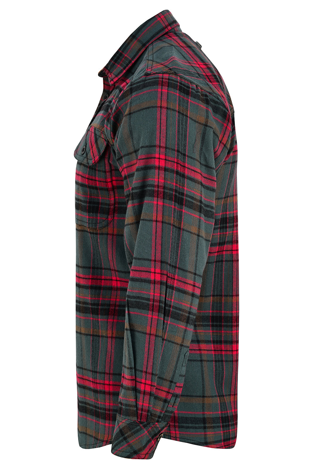 Side view of Woodlot men's regular fit plaid flannel shirt showing the long sleeve, buttoned cuff and curved hem.