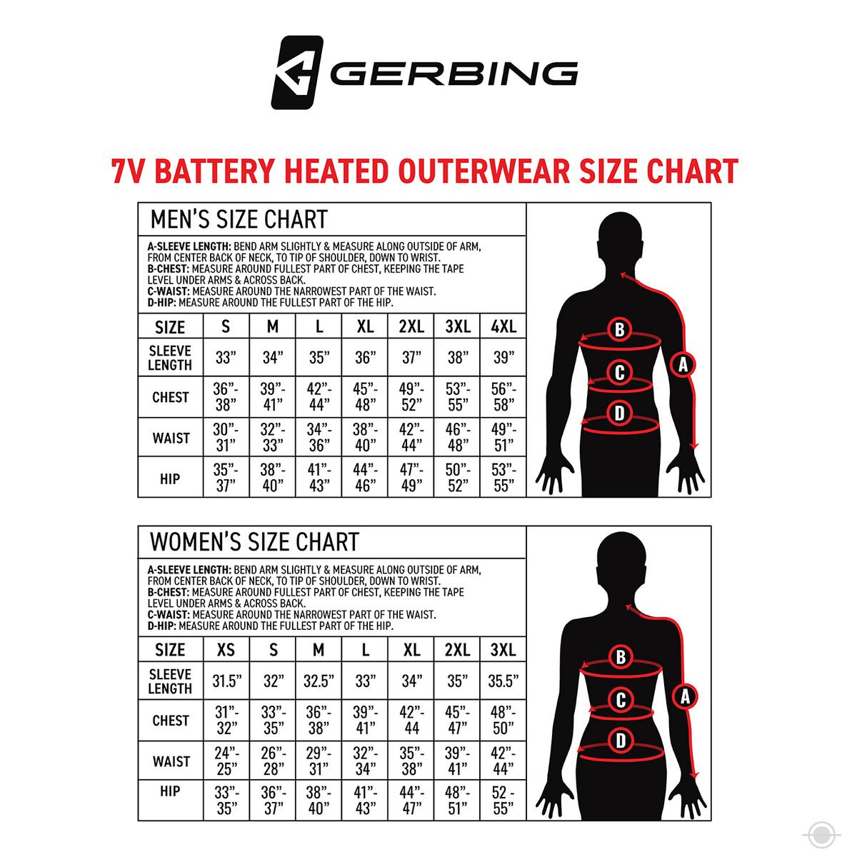 Gerbing Men's 7V Battery Heated Flannel Shirt - Size chart