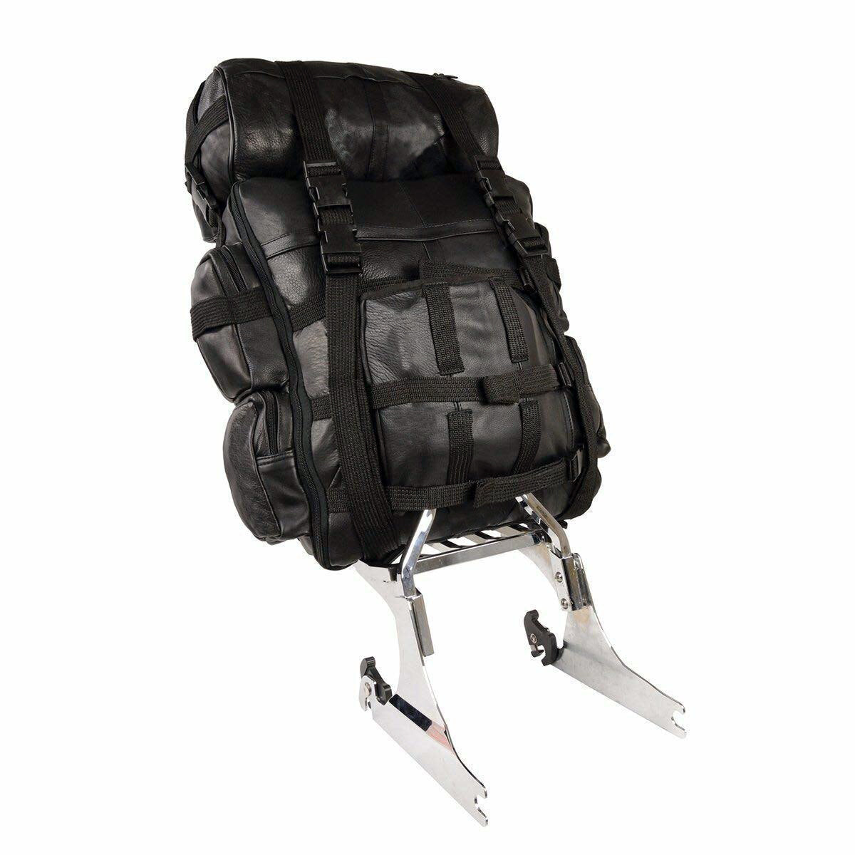 Vance Expandable Black Leather Motorcycle Sissy Bar Bag with Rain Cover