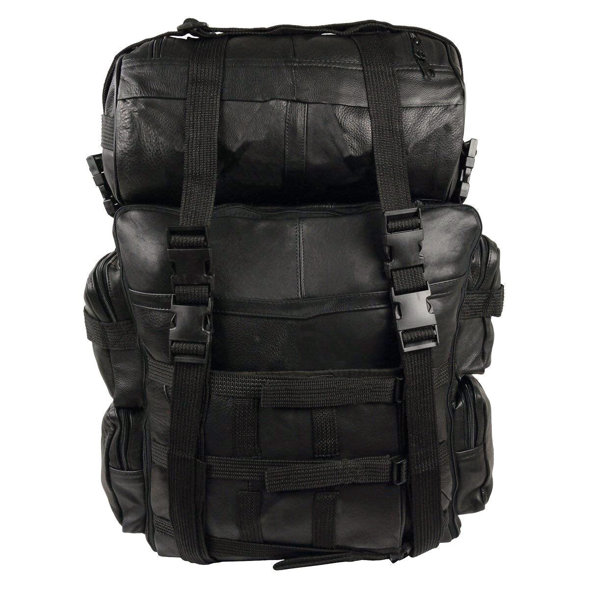 Vance Expandable Black Leather Motorcycle Sissy Bar Bag with Rain Cover