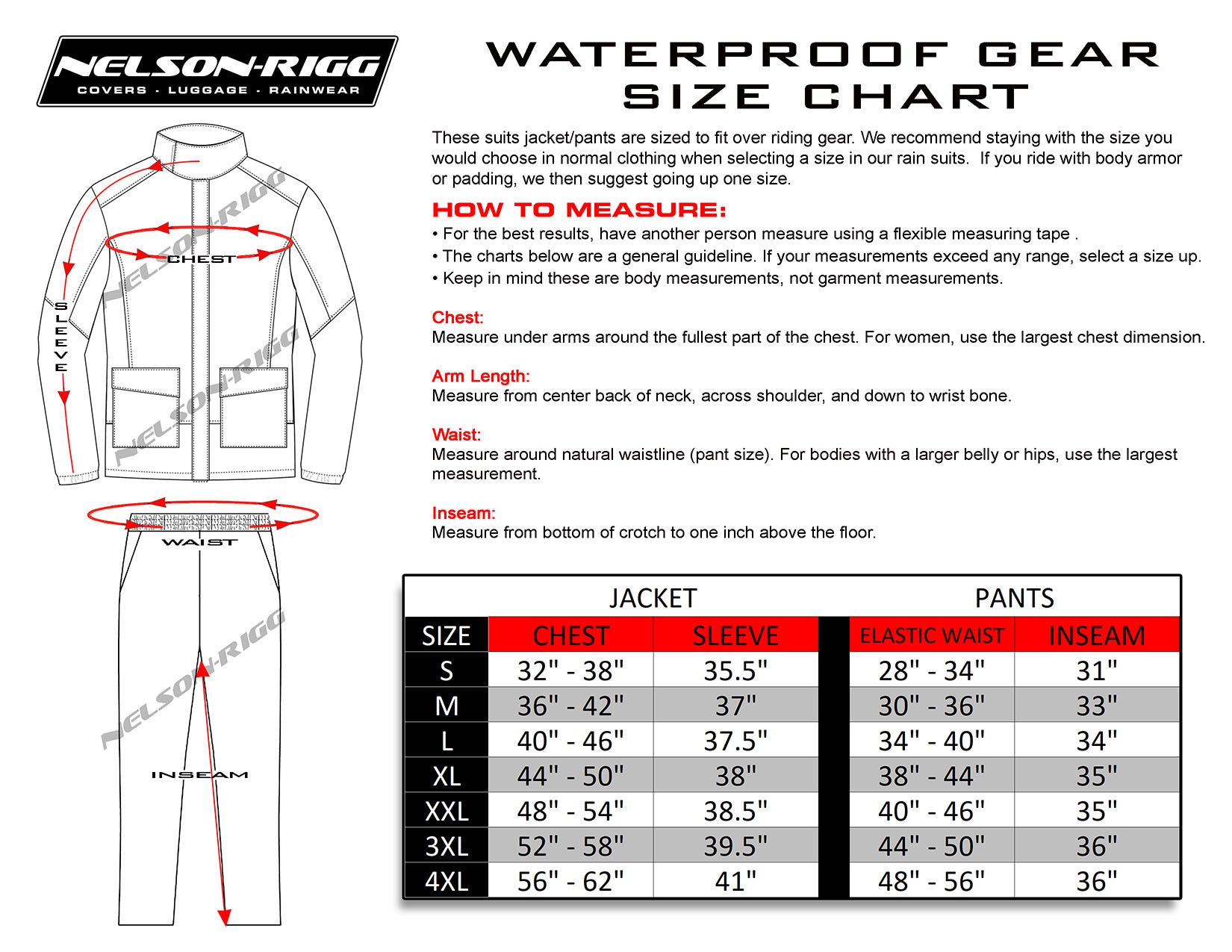 Nelson Rigg Solostorm Rain Jacket - size chart