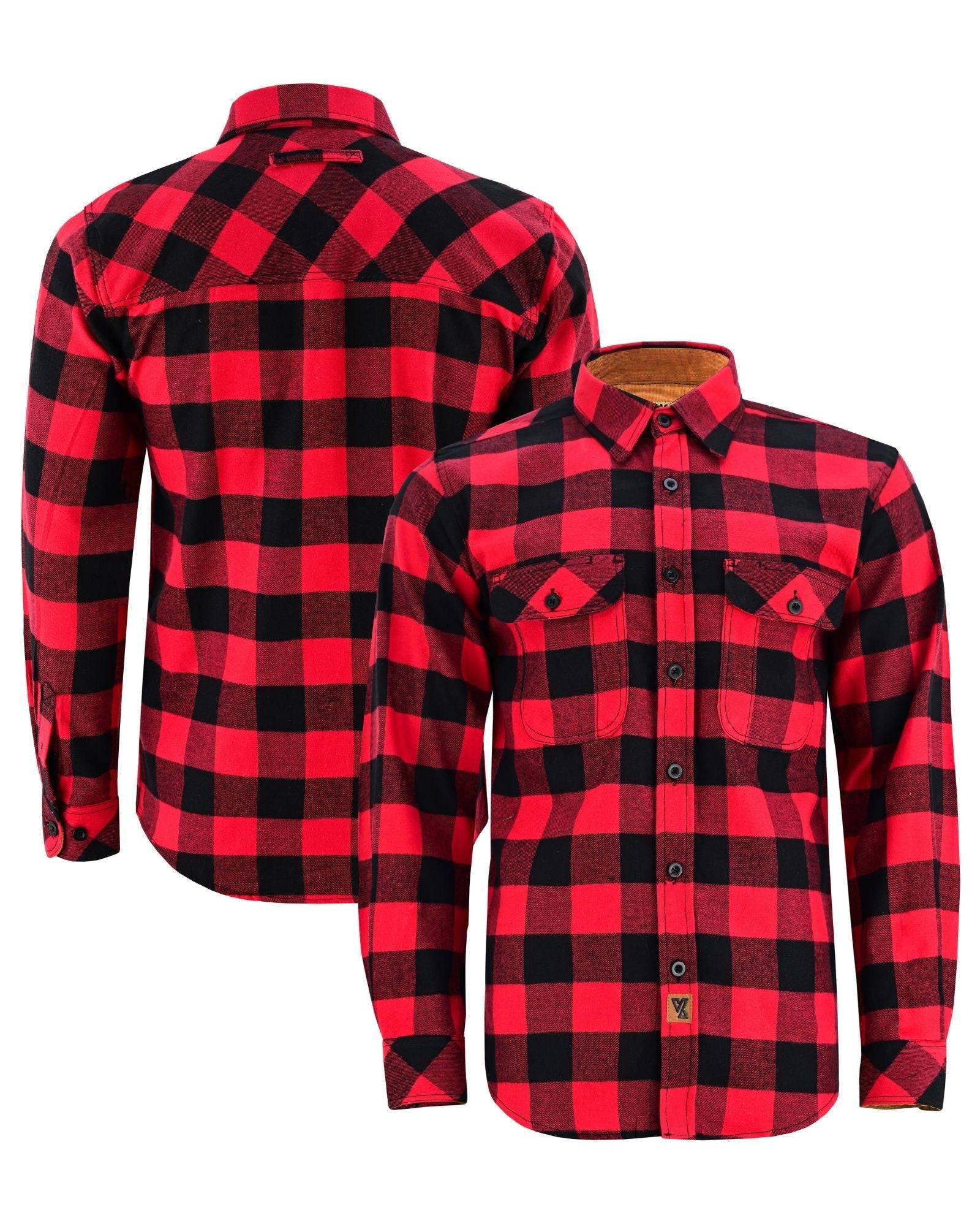 Men's Classic Red Long Sleeve Plaid Button Down Casual Flannel Shirt, Corduroy Cuffs