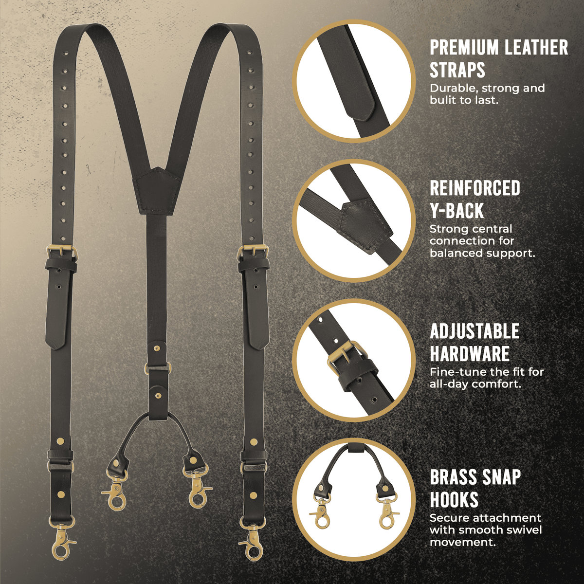 Men’s Premium Leather Y-Back Suspenders, Heavy-Duty Adjustable Braces w/ Brass Swivel Snap Hooks for Jeans & Trousers - features