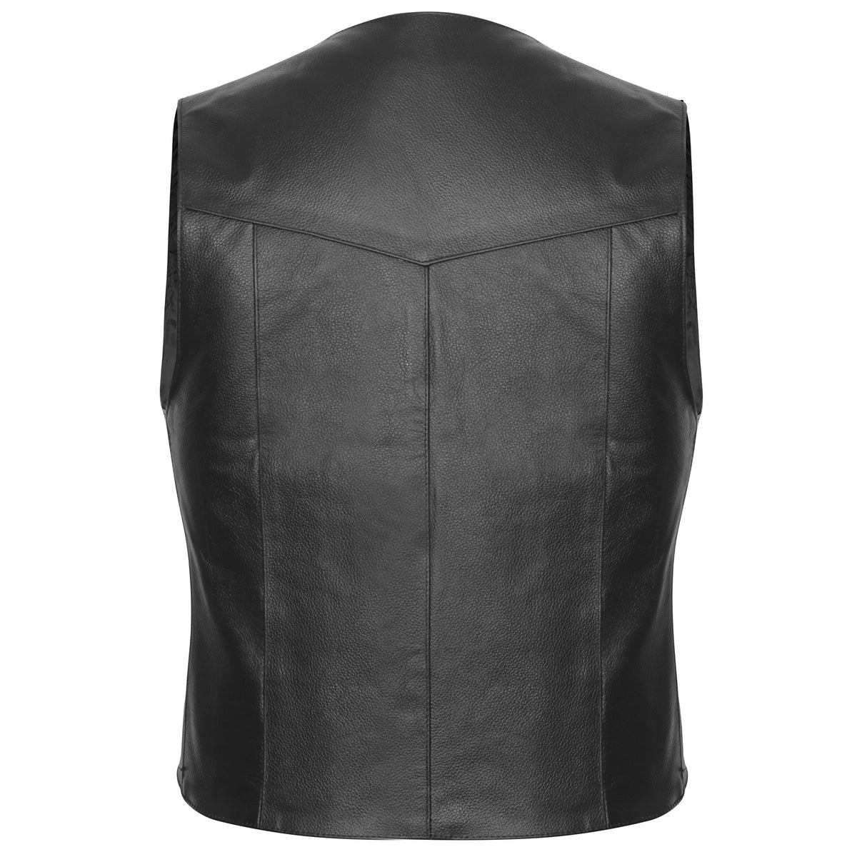 Back view of Vance plain side cowhide leather vest with clean panel ready for club patches